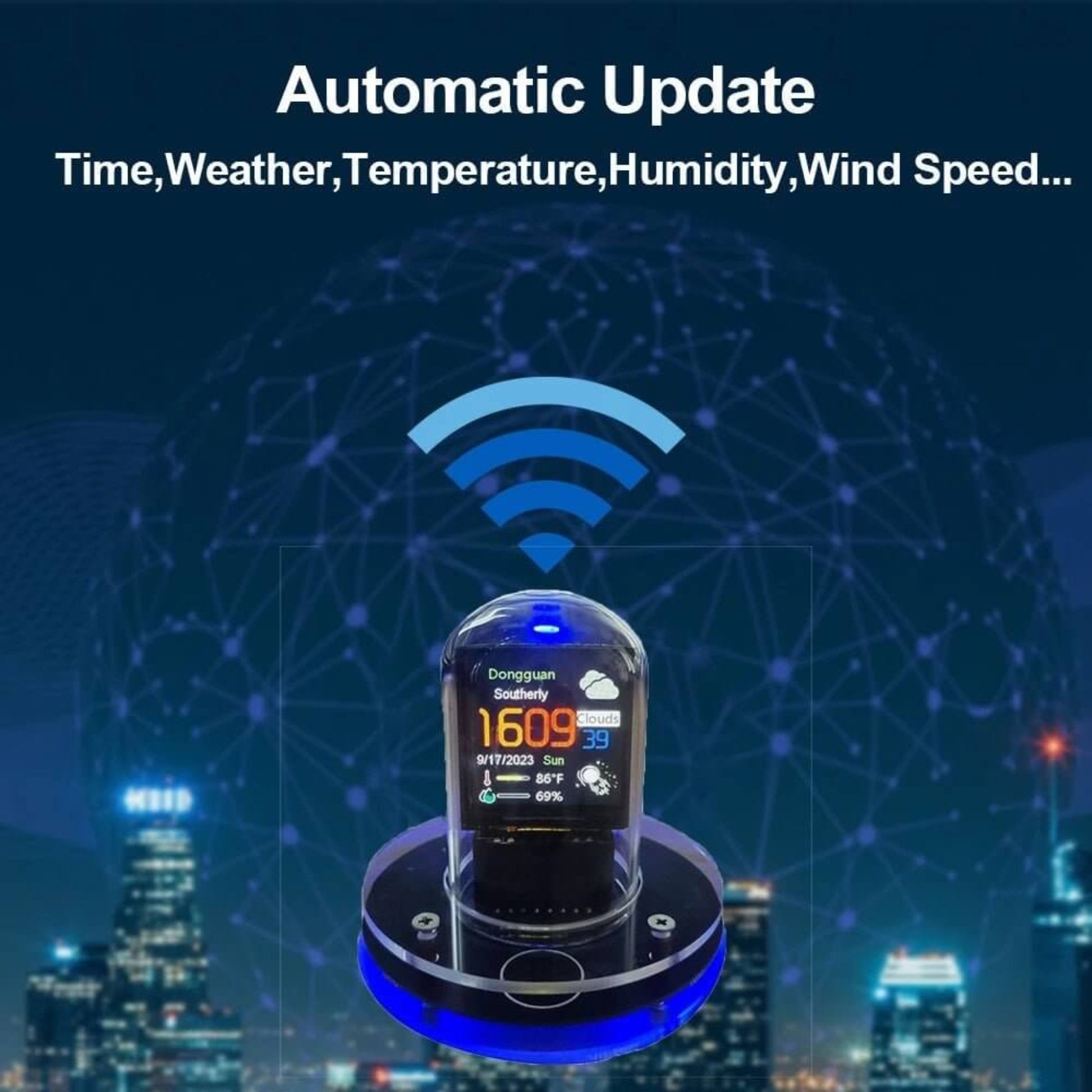 Smart Nixie tube clock with automatic update for time, real-time weather, temperature, humidity, and wind speed via WiFi.