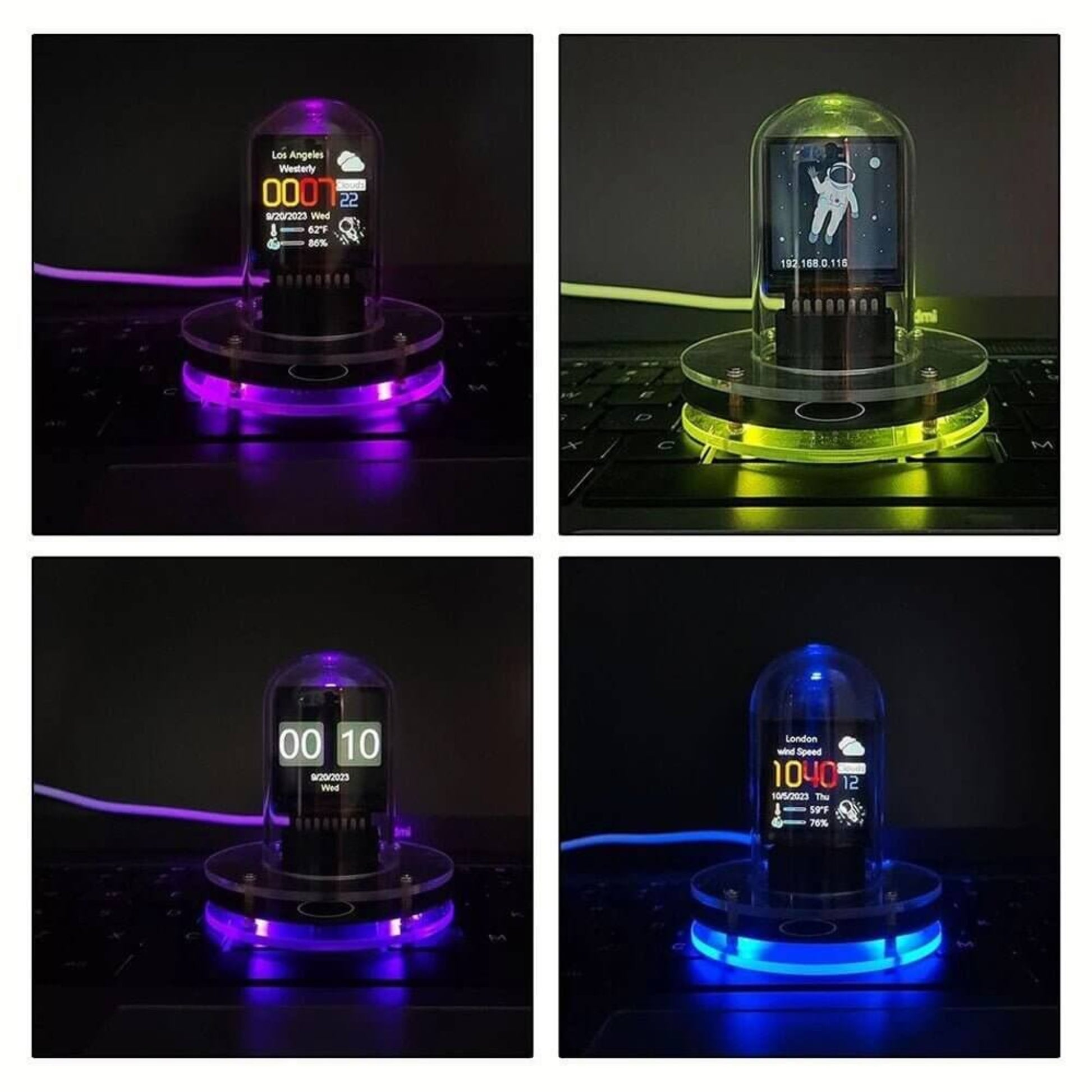 Four different display modes and backlight colors of the smart tube clock, showing weather and a custom astronaut GIF.