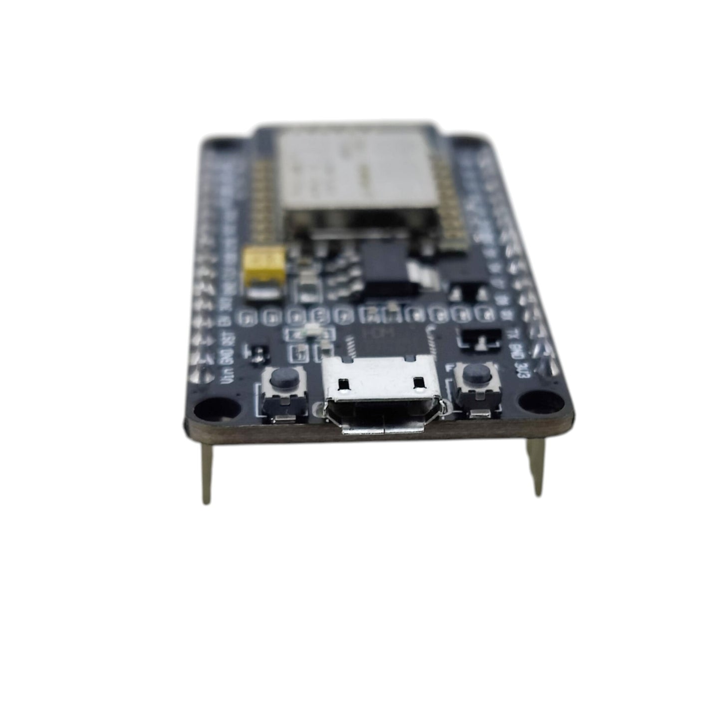 Close-up of the micro-USB interface and reset buttons on the ESP8266 module.