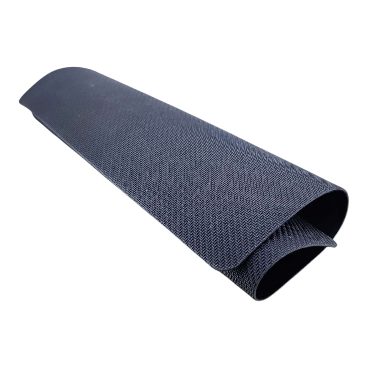 The dark grey mouse pad rolled up, showing the textured herringbone pattern of its non-slip rubber base.