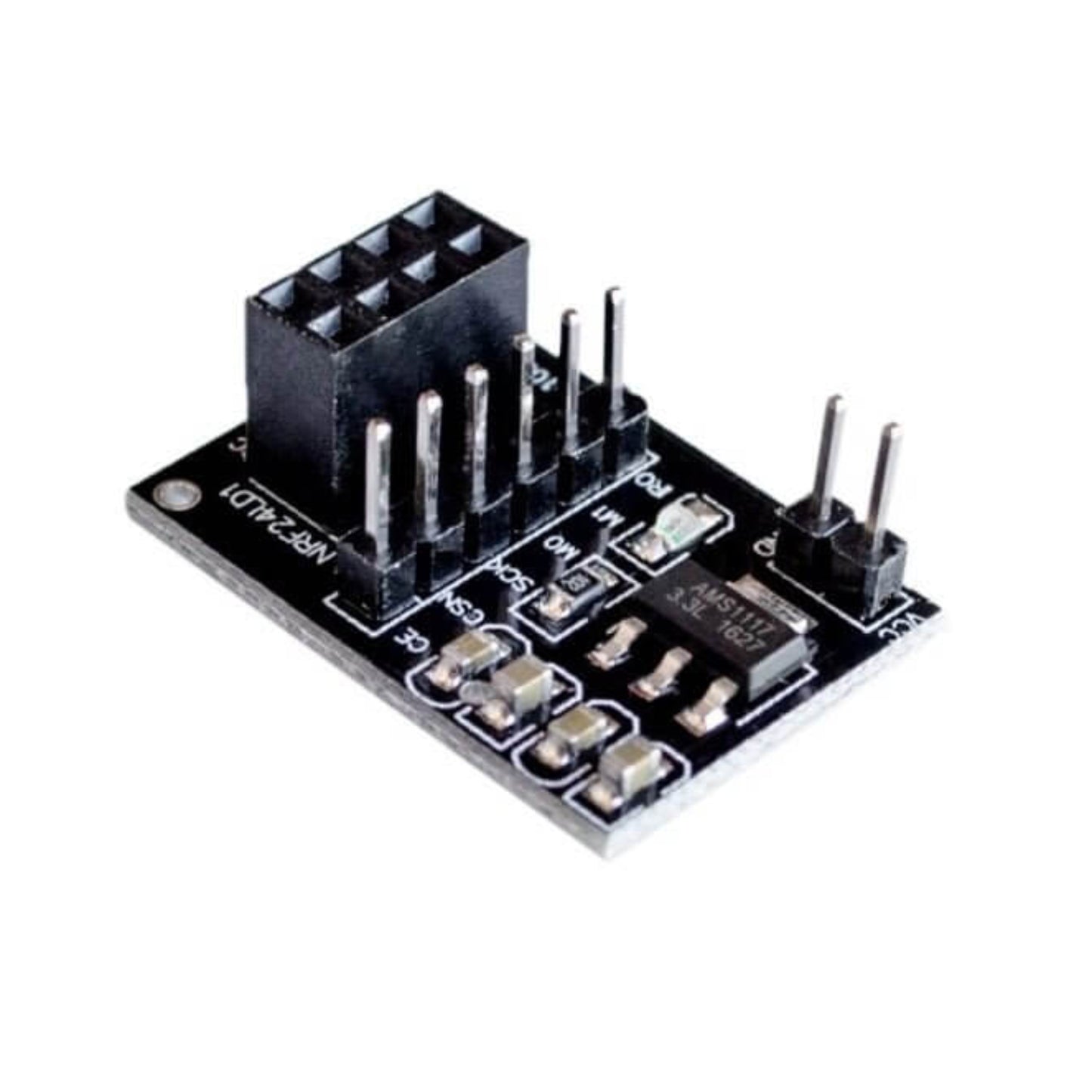 NRF24L01 8-pin wireless module socket adapter with 3.3V regulator for seamless microcontroller connectivity.