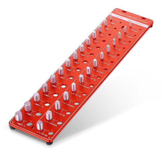 28-in-1 Nut and Bolt Thread Checker in red, ideal for identifying metric and standard sizes accurately.
