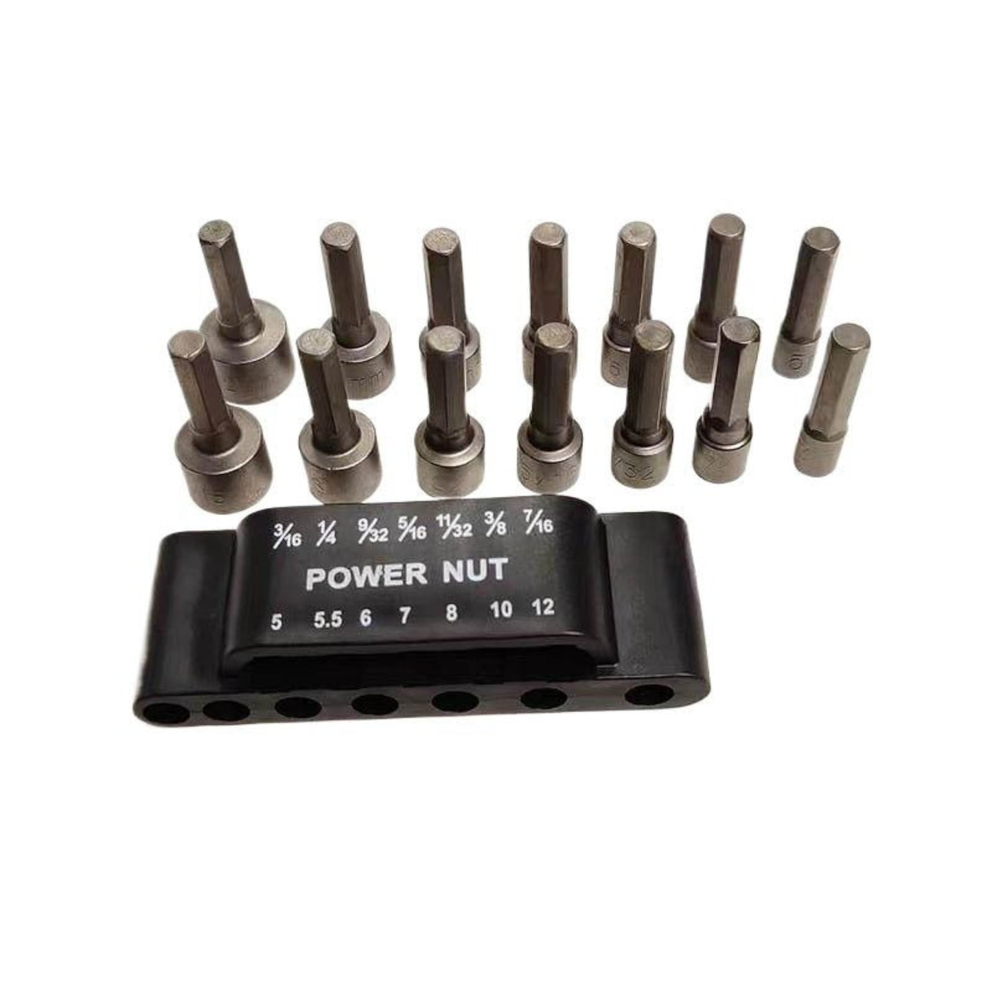 14PCS hexagon nut driver set with various sizes, featuring power nut adapter and hex shank design for electric screwdriver use.