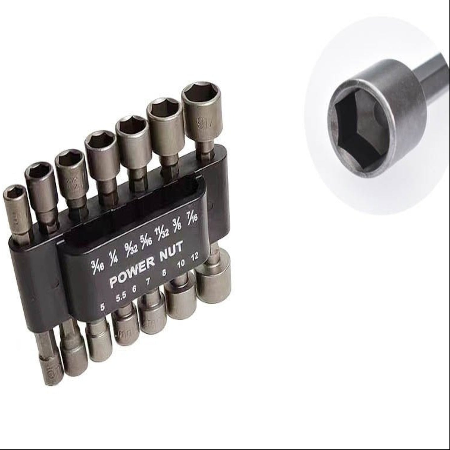 14PCS Hexagon Nut Driver Bit Set displaying various sizes for electric screwdriver use and a close-up of the hex socket.