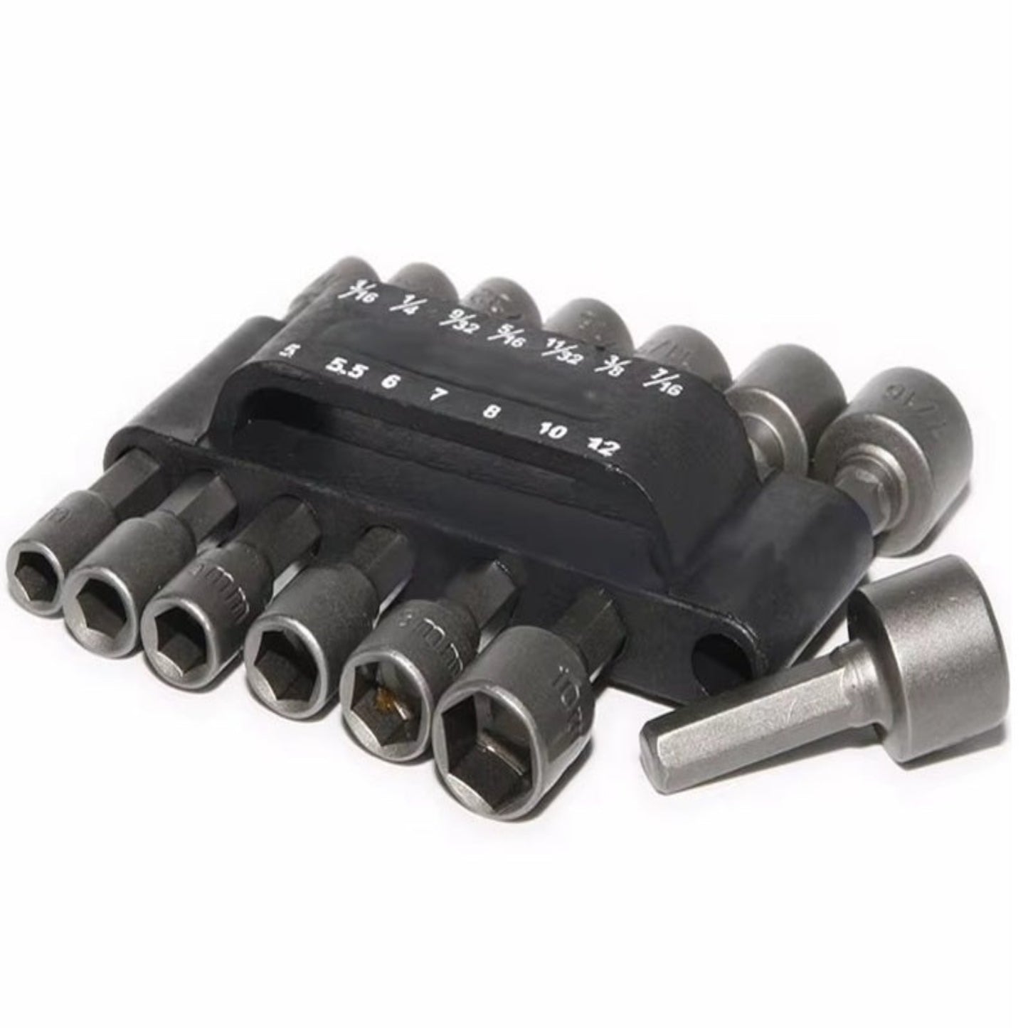 14PCS hexagon nut driver drill bit set with sizes 5-12mm and 1/4 inch shank for electric screwdriver use.
