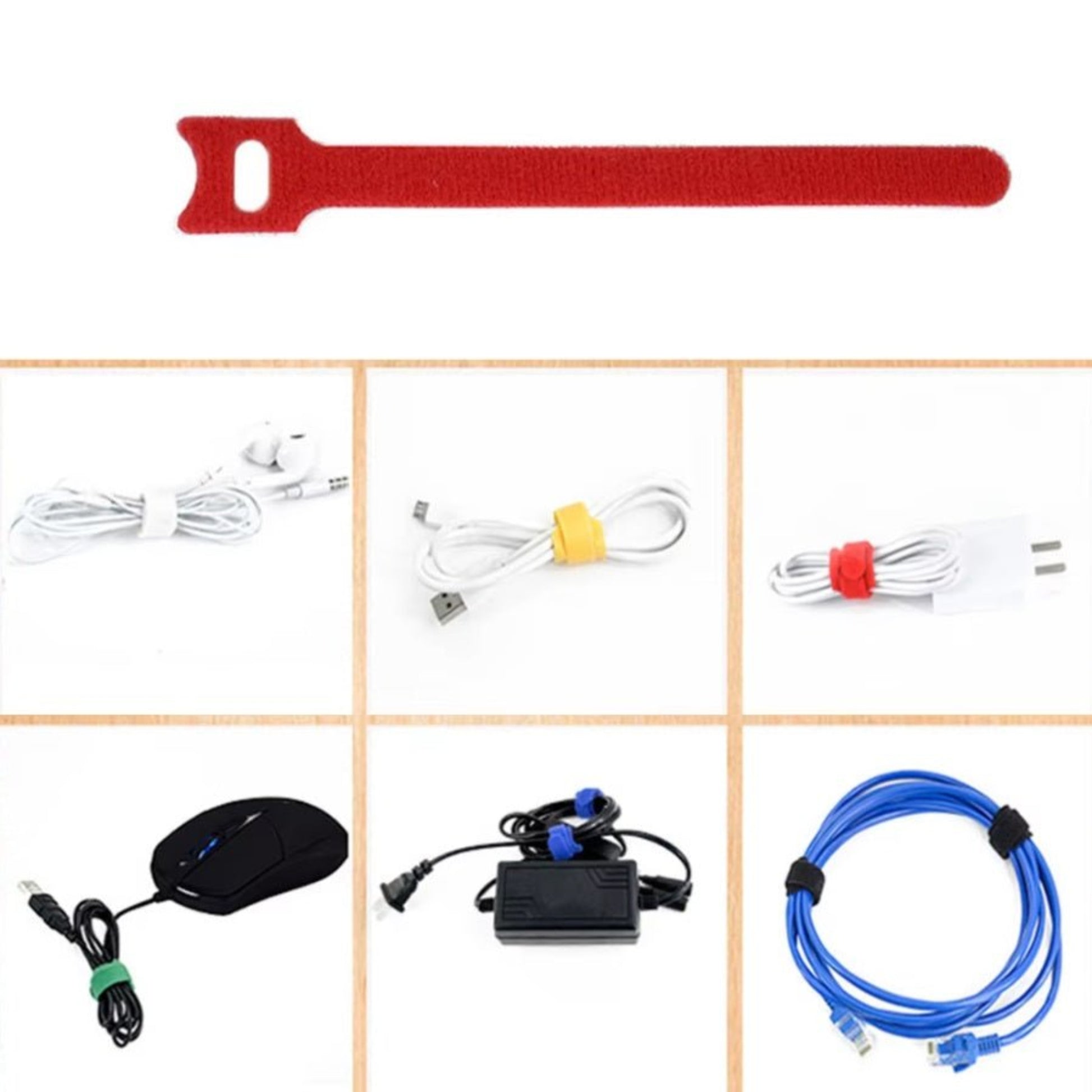 Red reusable cable tie with various organized cables showcasing effective wire management.