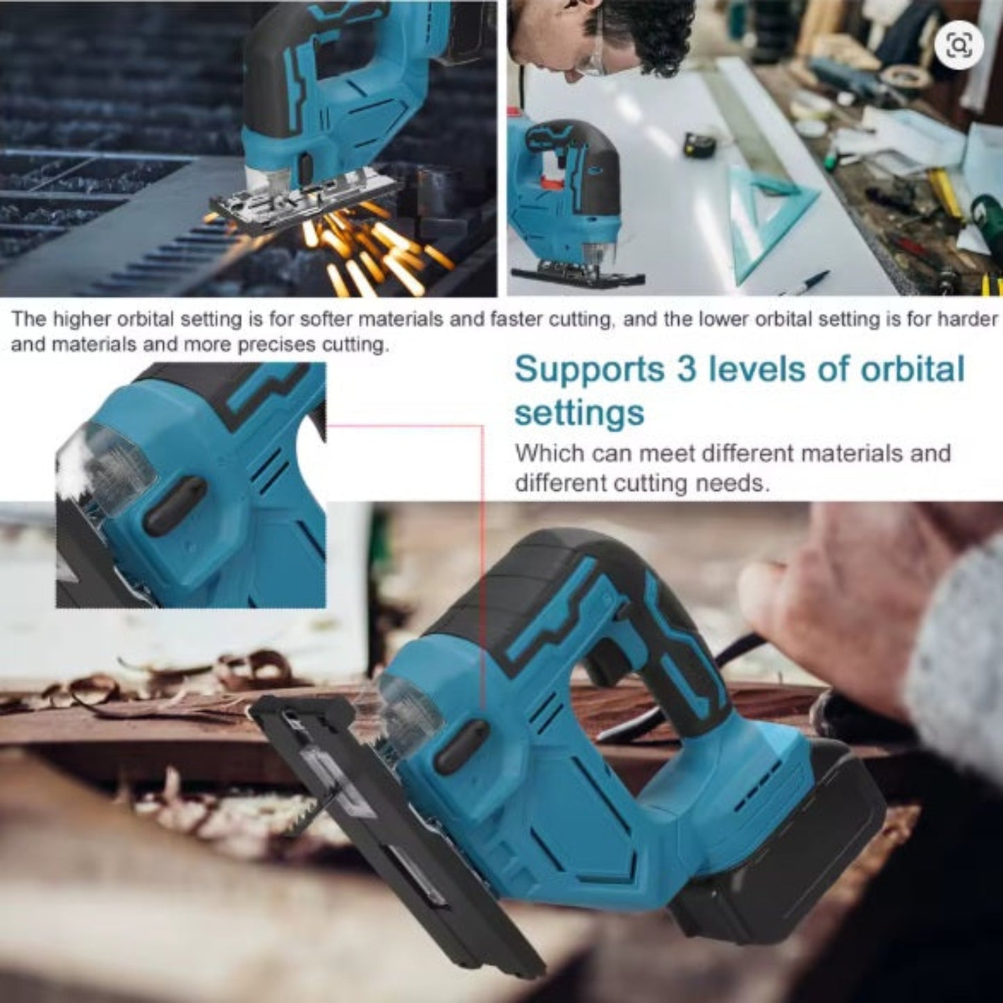 Feature callout showing the 3 levels of orbital settings on the cordless jigsaw for cutting different materials.