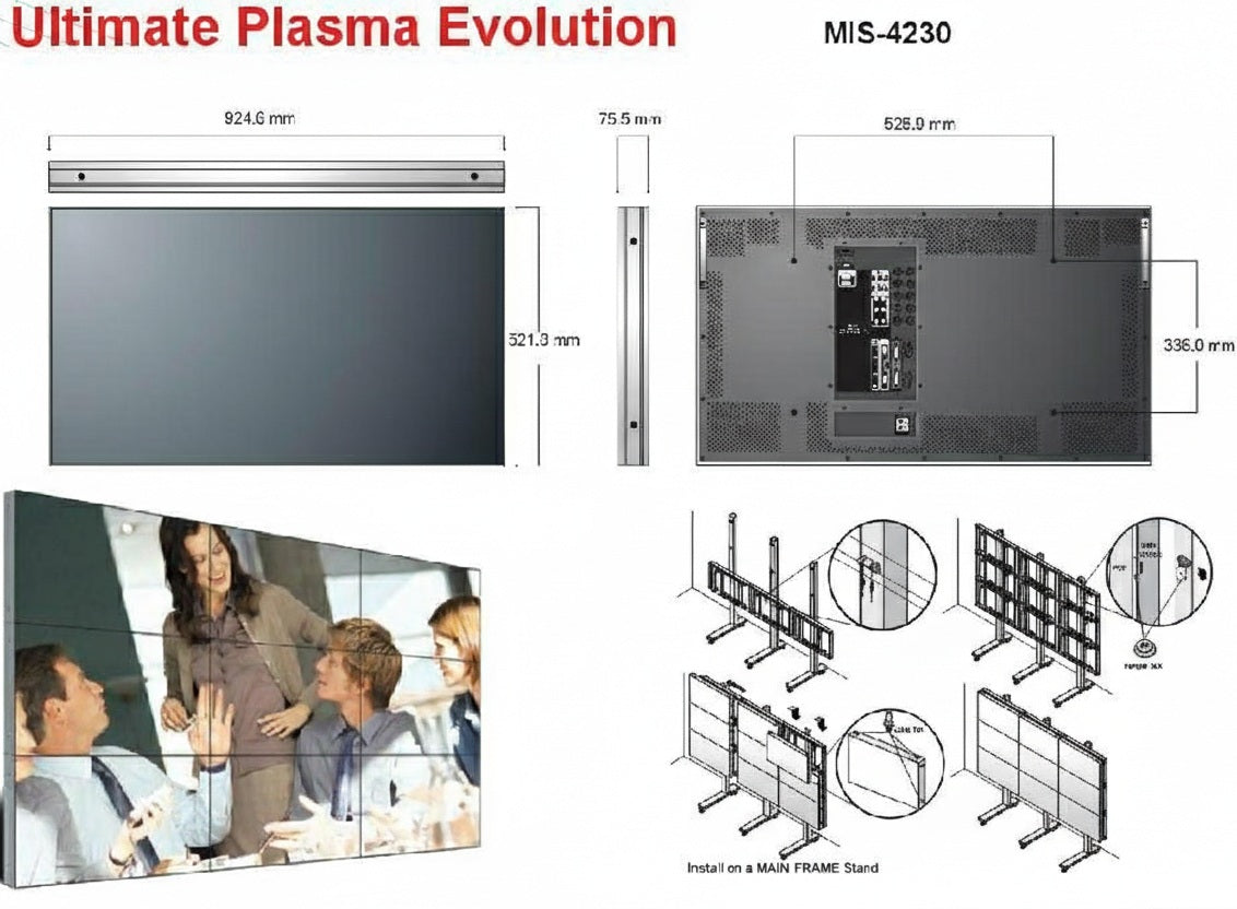 Diagram showing the ORION MIS-4230 dimensions and setup for the expandable plasma video wall mounting bracket.