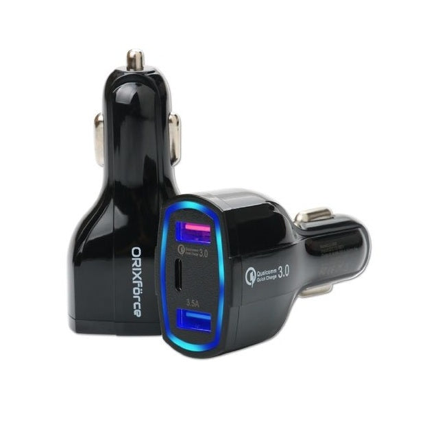 ORIX Force 3-port premium car charger in black, showing two USB-A ports with blue LED and one Type-C port, featuring Quick Charge 3.0.