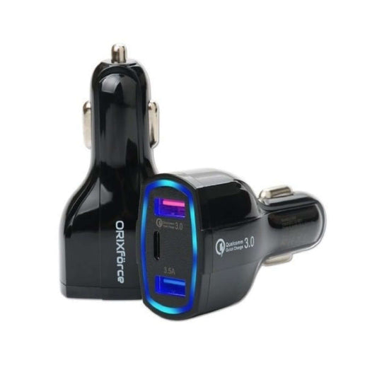 ORIX Force 3-Port Car Charger featuring Quick Charge 3.0, dual USB ports, and sleek design for fast charging.