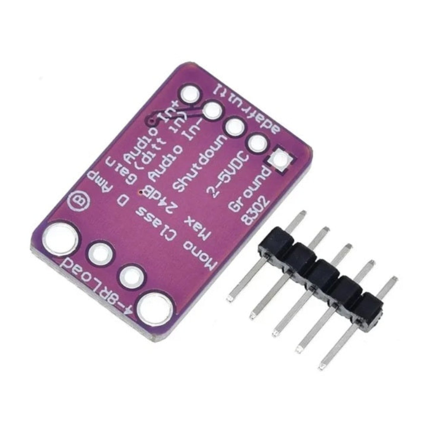 PAM8302A audio module next to unattached header pins for scale and assembly.