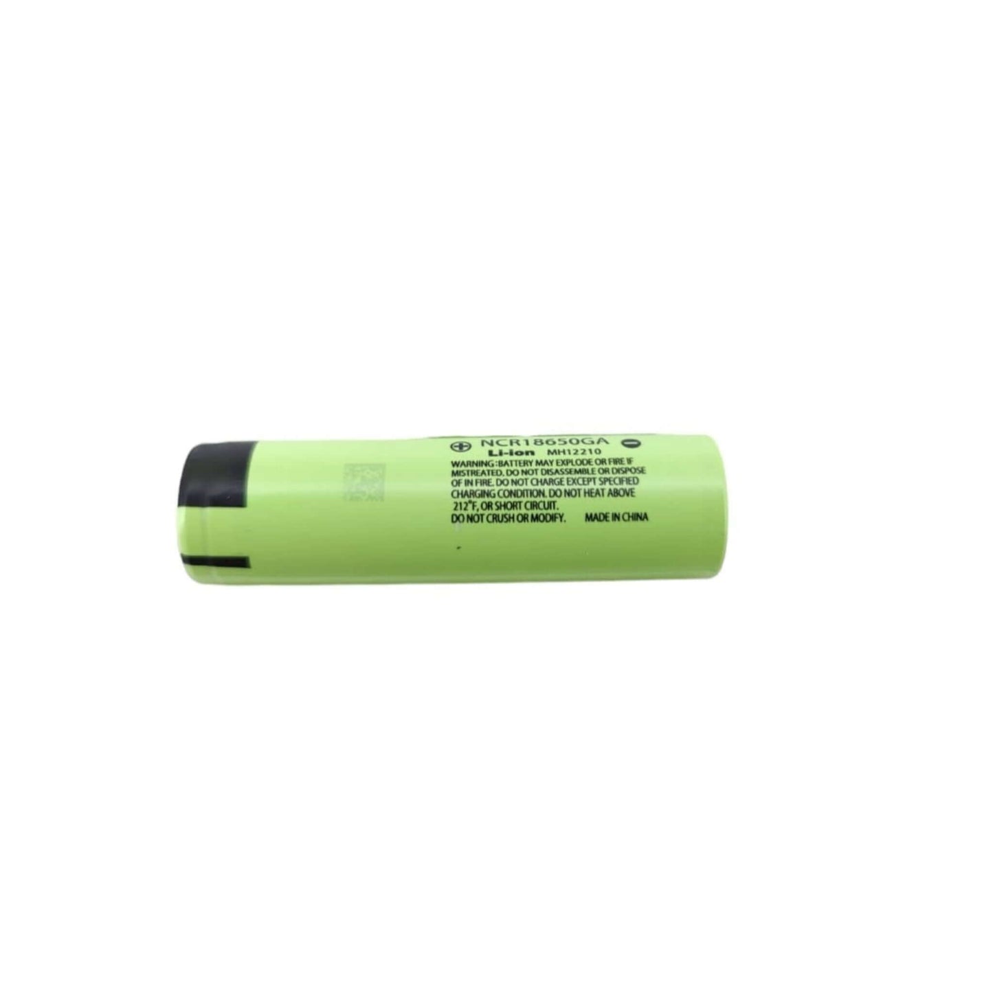 Panasonic NCR18650GA 18650 lithium rechargeable battery, 3450mAh capacity, green casing, side view.