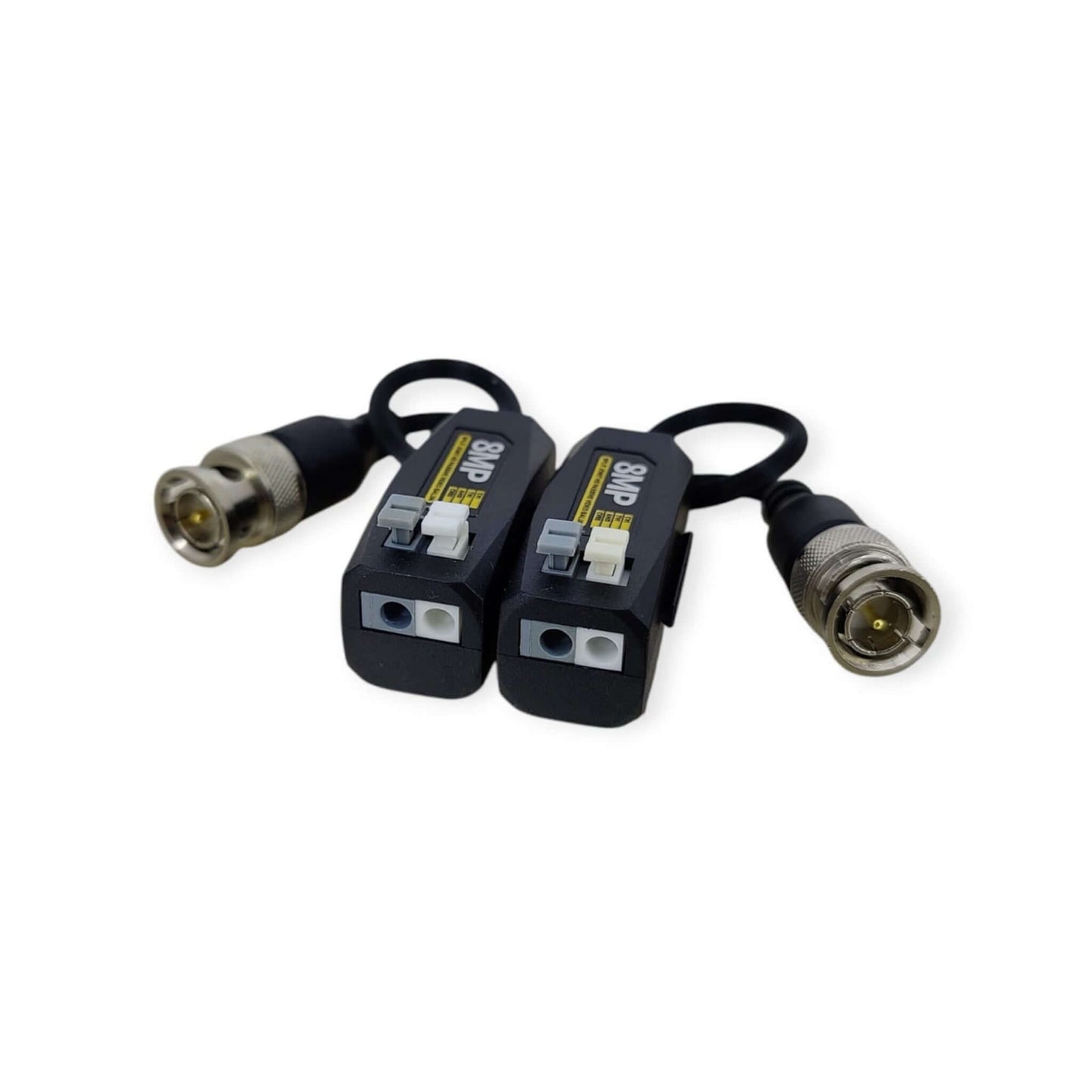 Close-up of the 8MP HD balun pair, designed for all major analog HD security camera formats including AHD, CVI, and TVI.