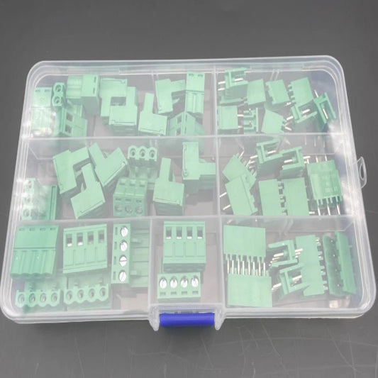 Assorted 50PCS 5.08mm PCB terminal block connectors in a clear storage box, including 2P, 3P, and 4P types.