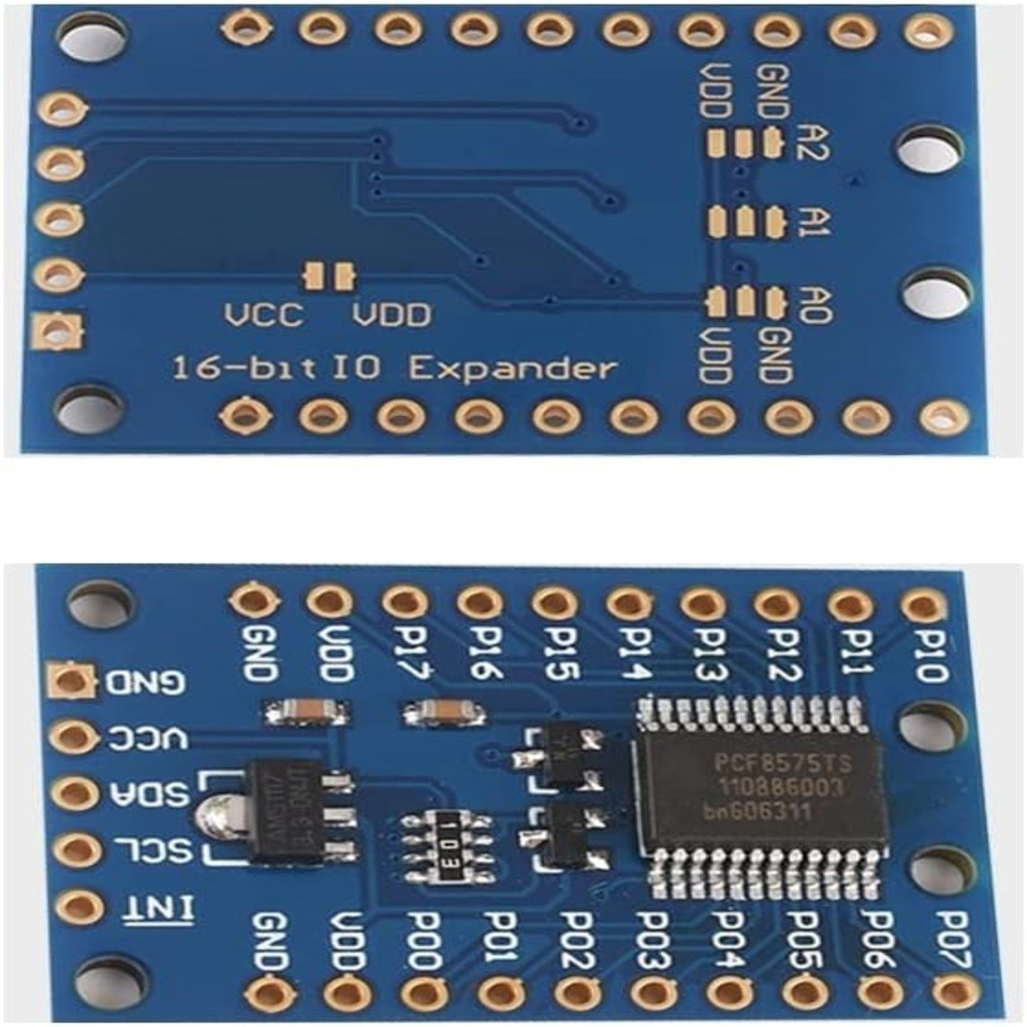 PCF8575 16-bit I2C I/O expander module for Arduino, showing front and back view.