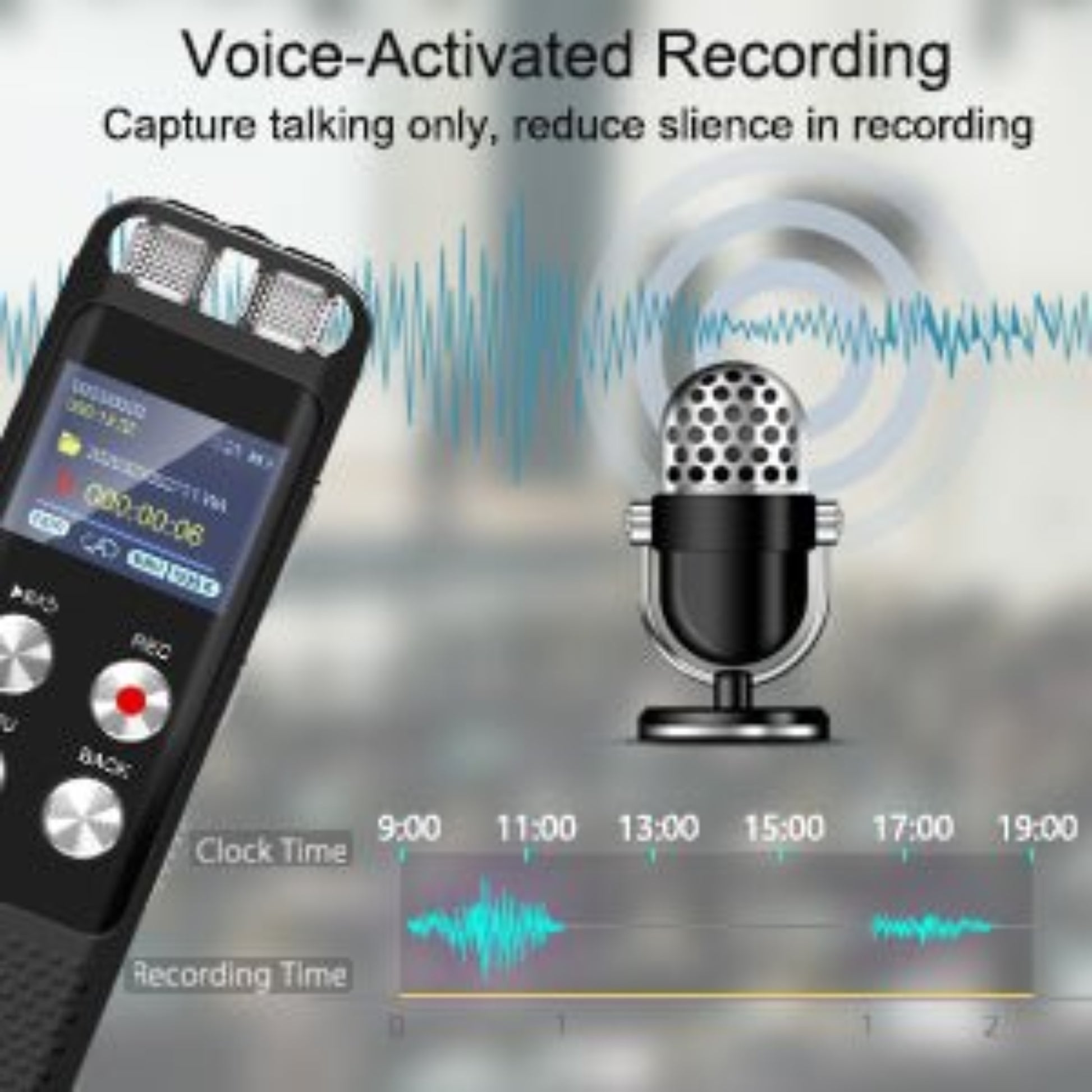 8GB digital voice recorder featuring voice-activated technology, designed for high-quality audio capture with playback.