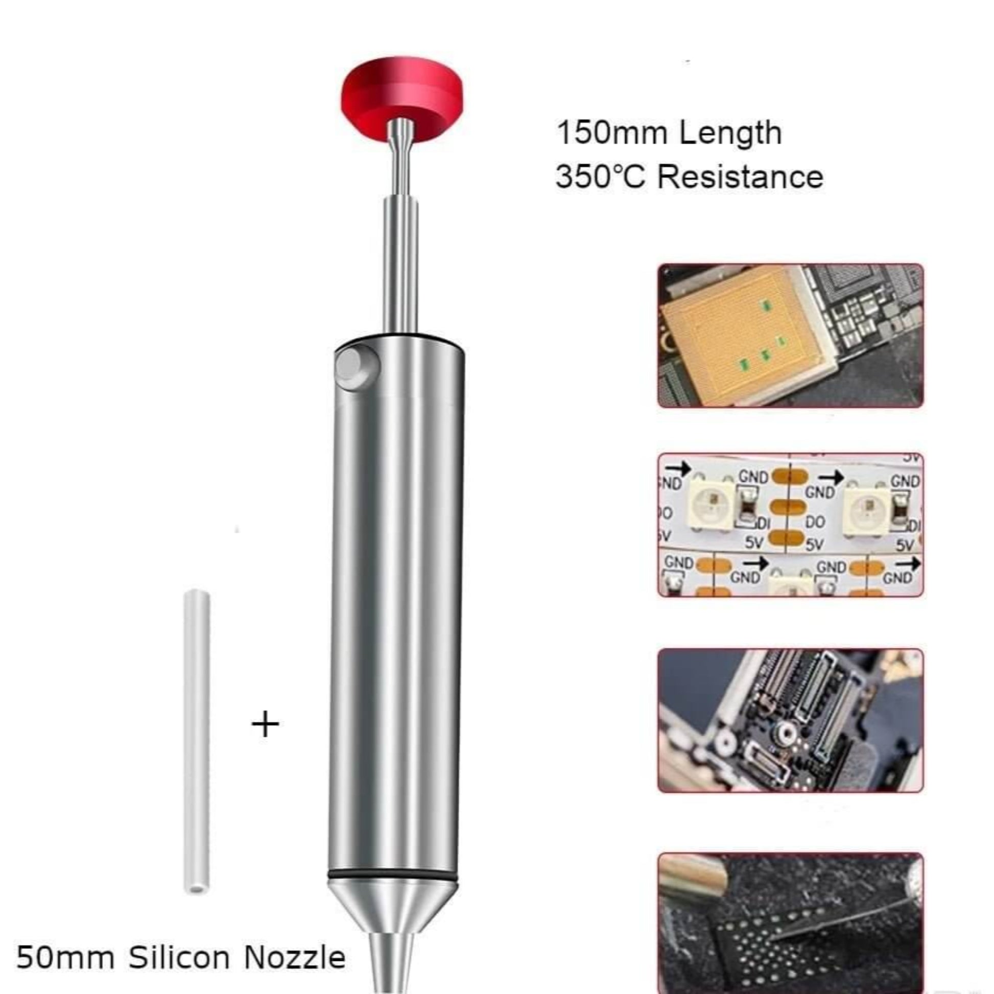 Pen-style desoldering pump with specifications showing 150mm length and a spare 50mm silicon nozzle.