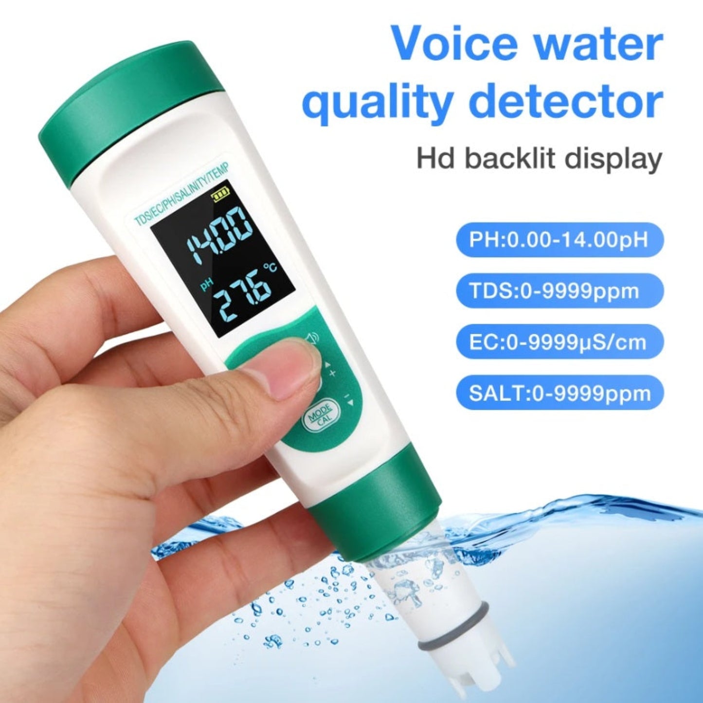 The water quality tester being dipped into water, with its measurement ranges for PH, TDS, EC, and SALT displayed.