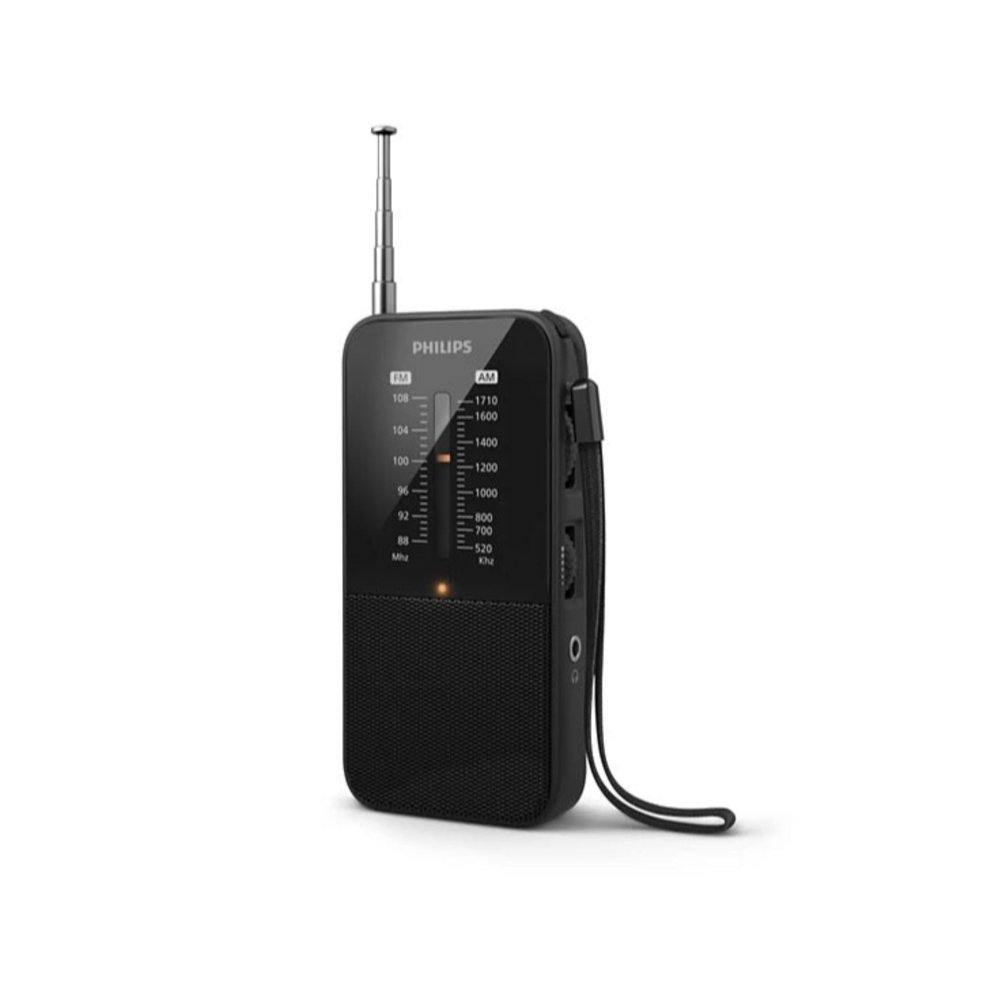 Black Philips TAR1509 radio angled view, antenna extended, showing DSE exam-friendly and compact design.