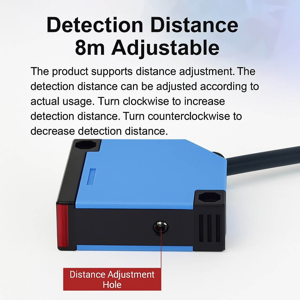 Close-up of 8m adjustable laser reflective photoelectric sensor showing distance adjustment feature.