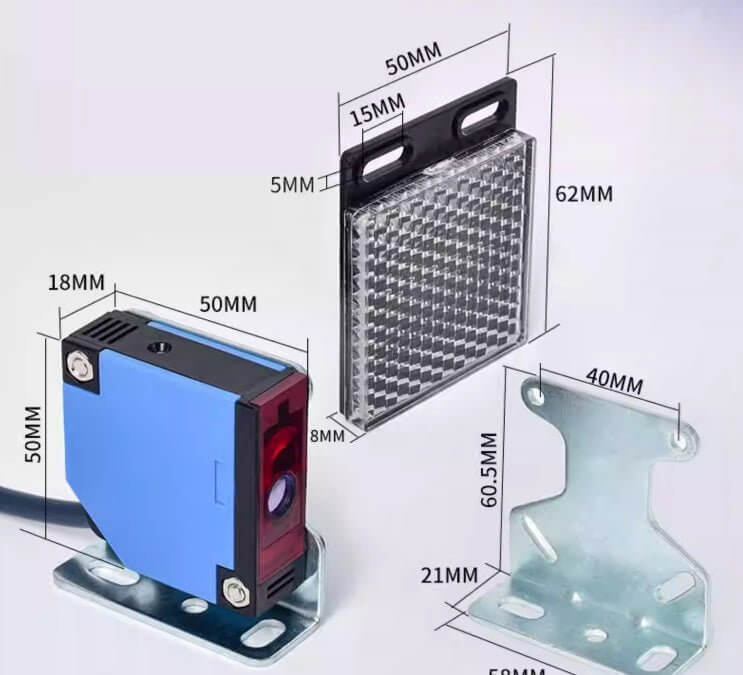 Dimensioned view of 8m adjustable laser reflective photoelectric sensor with bracket and reflector.