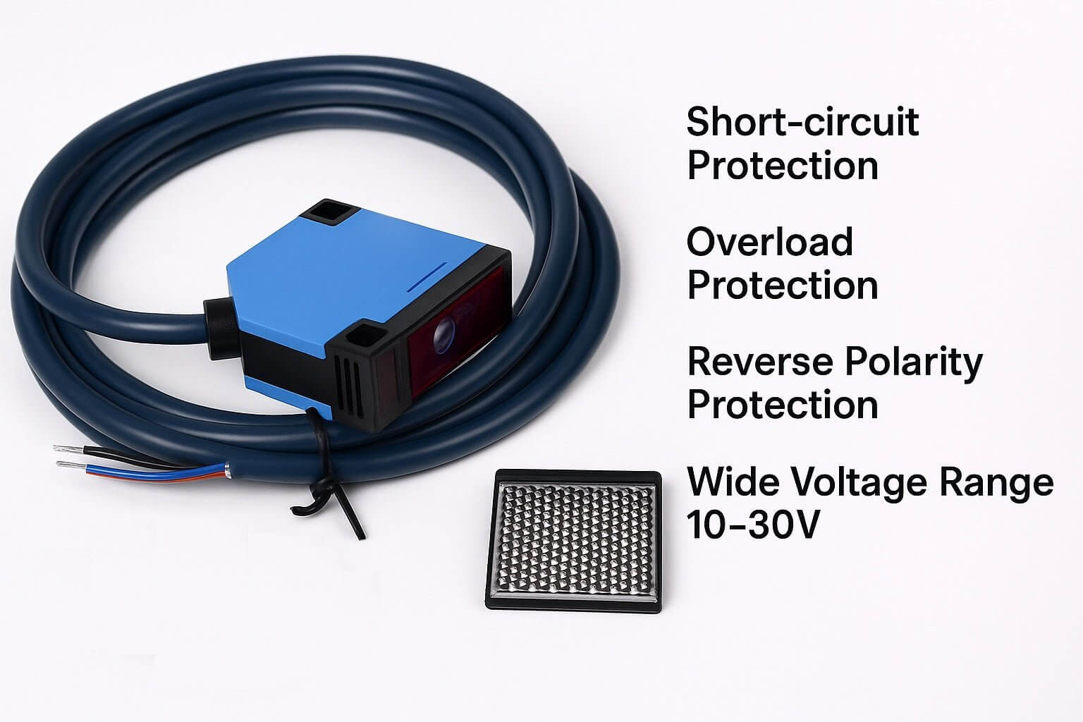 8m adjustable reflective photoelectric sensor with protective features, suitable for industrial automation and reliable detection.