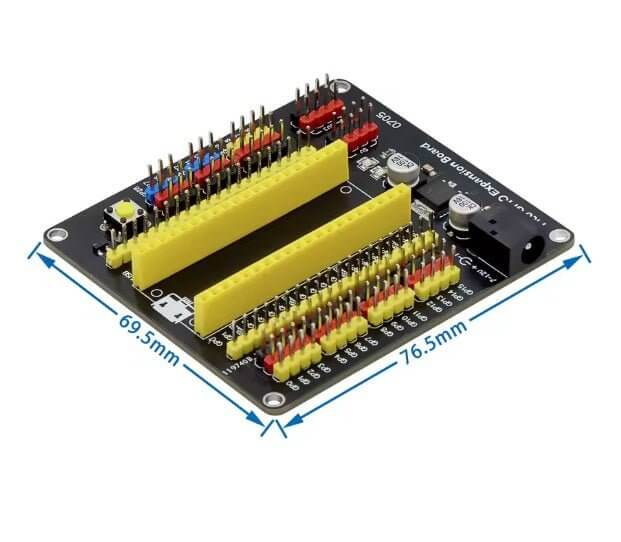 Raspberry Pi Pico GPIO Expansion Board with yellow headers for easy connections and pin access, dimensions marked.