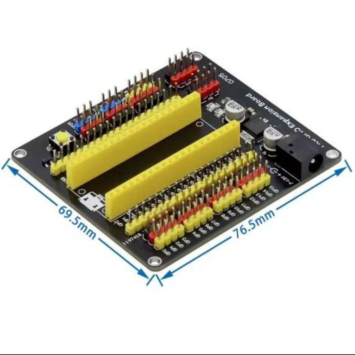 Raspberry Pi Pico GPIO Expansion Board with yellow headers for easy connections and pin access, dimensions marked.