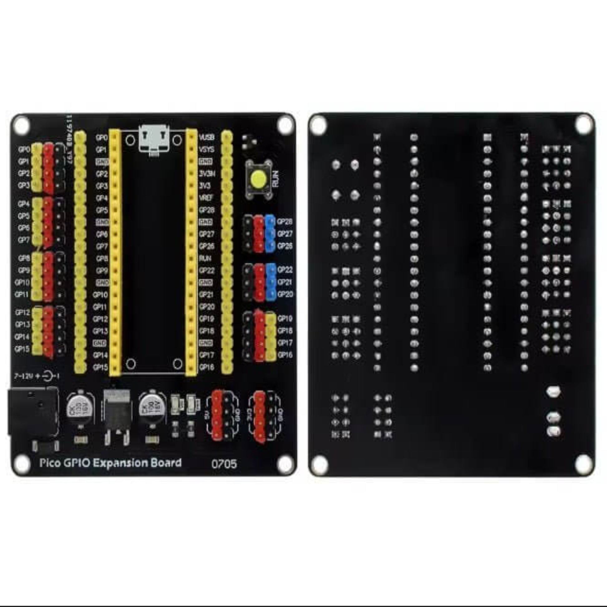 Raspberry Pi Pico GPIO Expansion Board with male and female headers for easy prototyping and circuit connections.