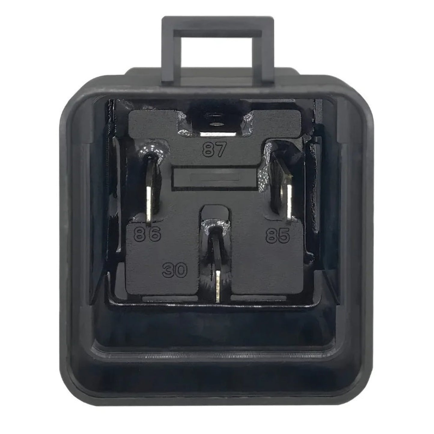 Bottom view of the 80A automotive relay showing the 30, 85, 86, and 87 pin configuration.
