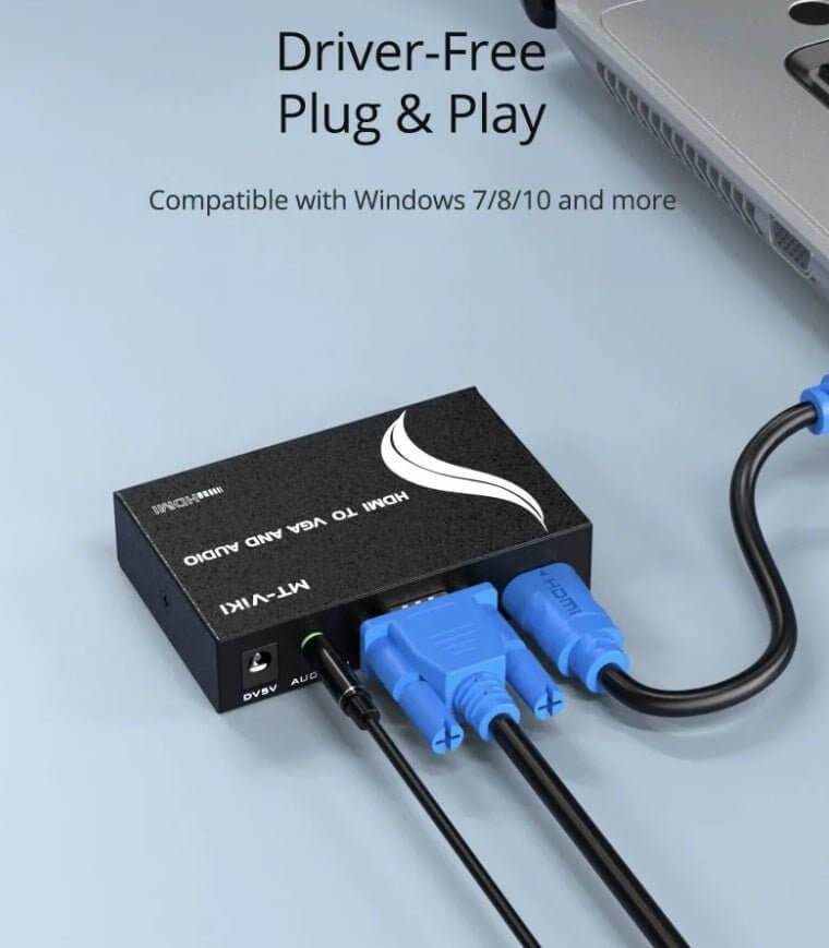 MT-VIKI HDMI to VGA converter with audio, driver-free, compatible with Windows 7/8/10, plug and play.