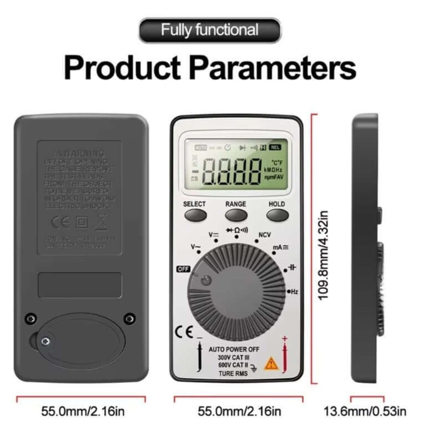 LED Digital Multimeter showing product parameters and dimensions for multifunctional testing tools.