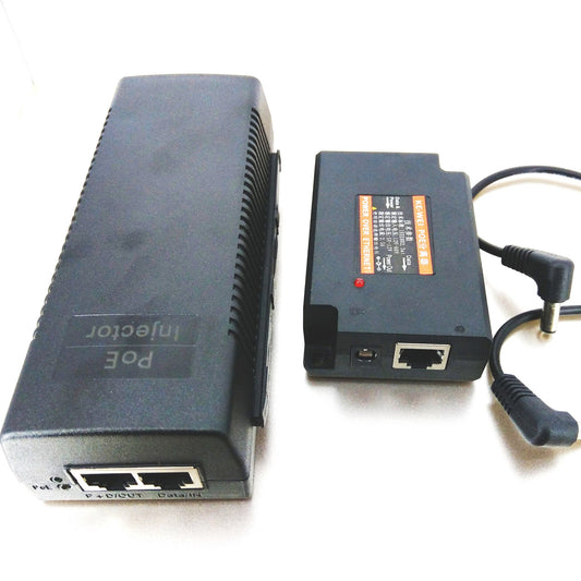 poe-injector-and-splitter-kit-overview.jpg: Full kit showing the 48V PoE injector alongside the adjustable voltage PoE splitter with its DC power cable.