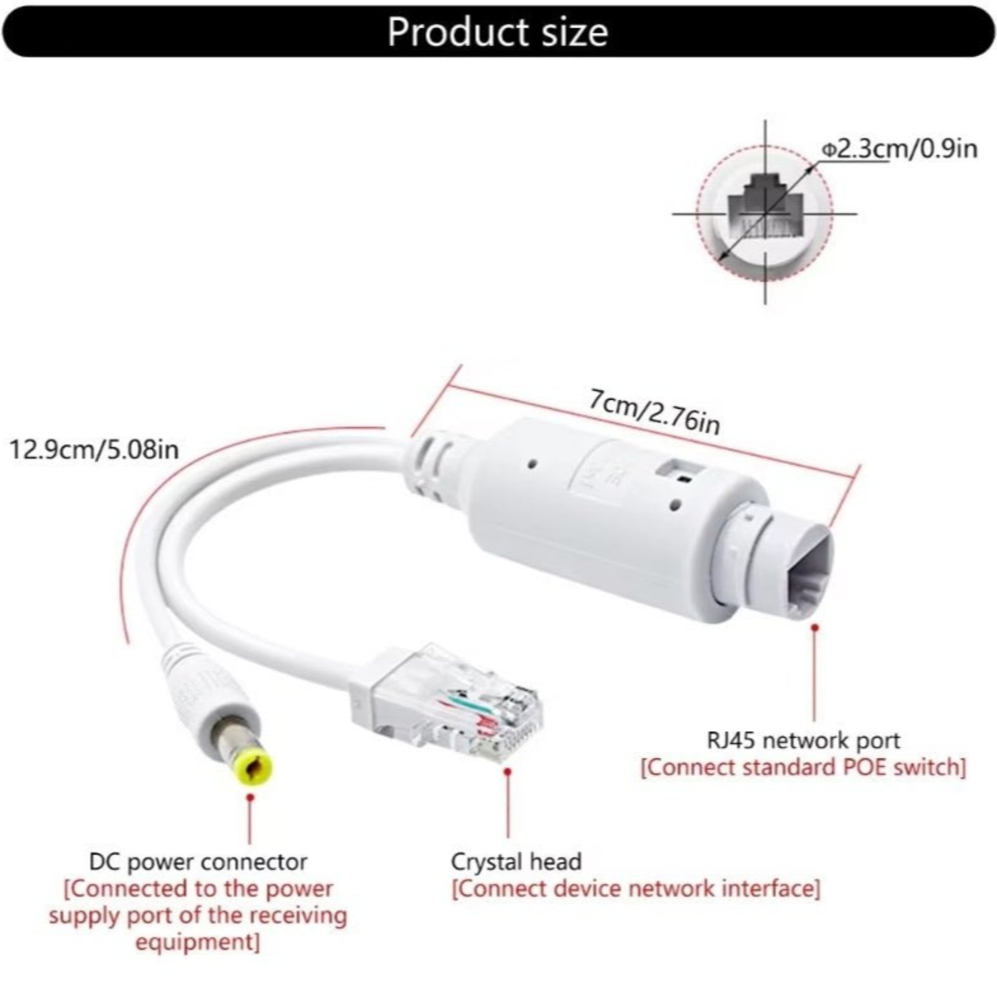 Diagram showing size and connection points of a PoE splitter adapter with labeled connectors for power and network.