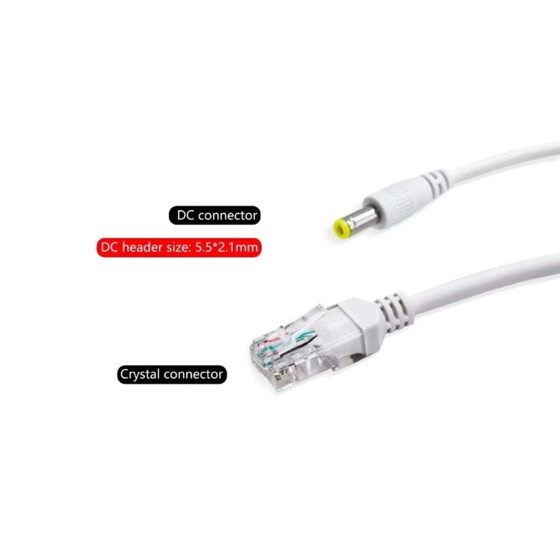 Close-up of DC and crystal connectors on a PoE splitter adapter cable for IP camera use.