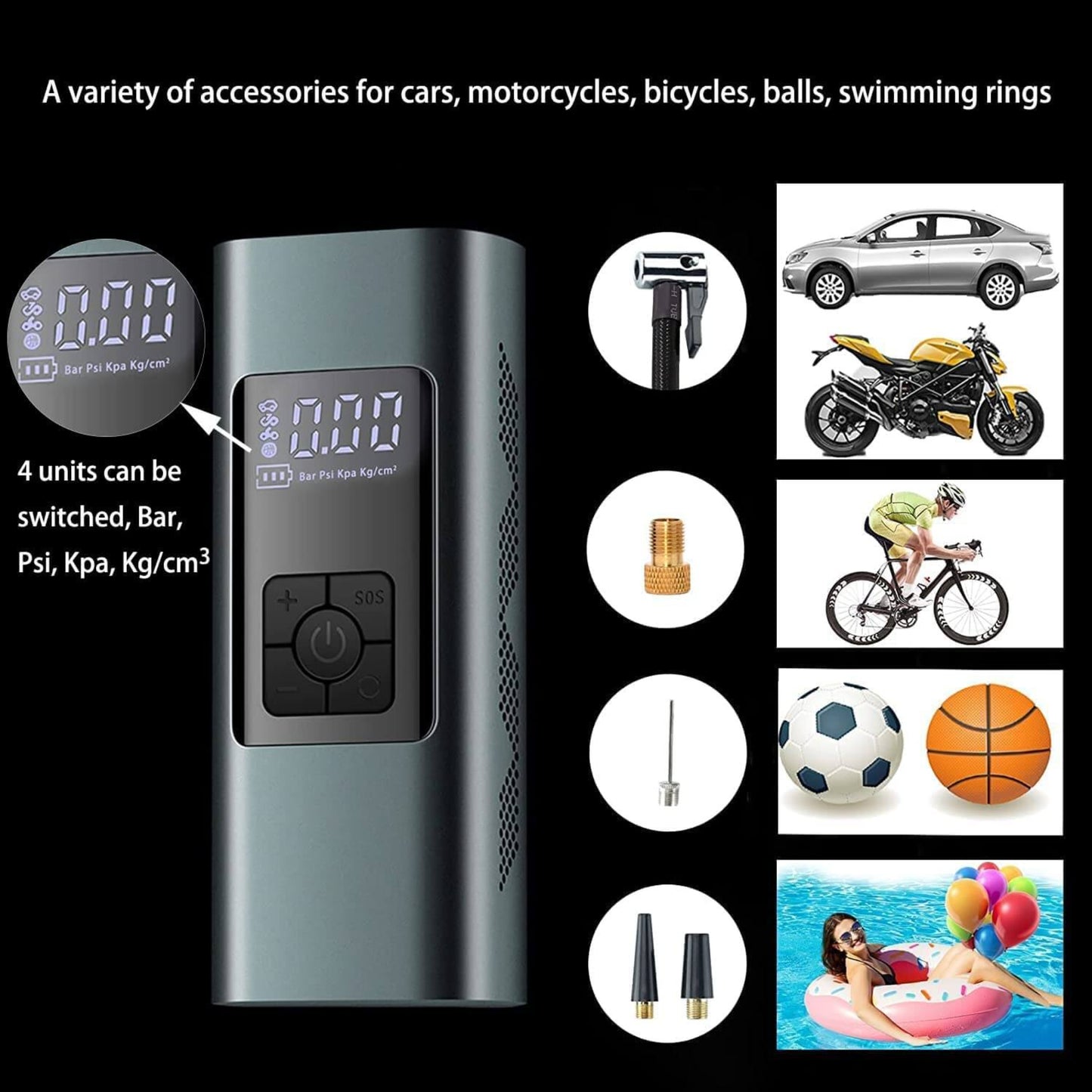 Portable rechargeable air compressor with multiple nozzles for car, motorcycle, bike tires, balls, and rings.