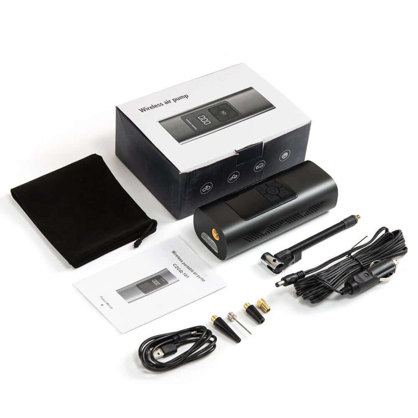 6000mAh portable rechargeable air pump full package contents, including nozzles, bag, and cables.