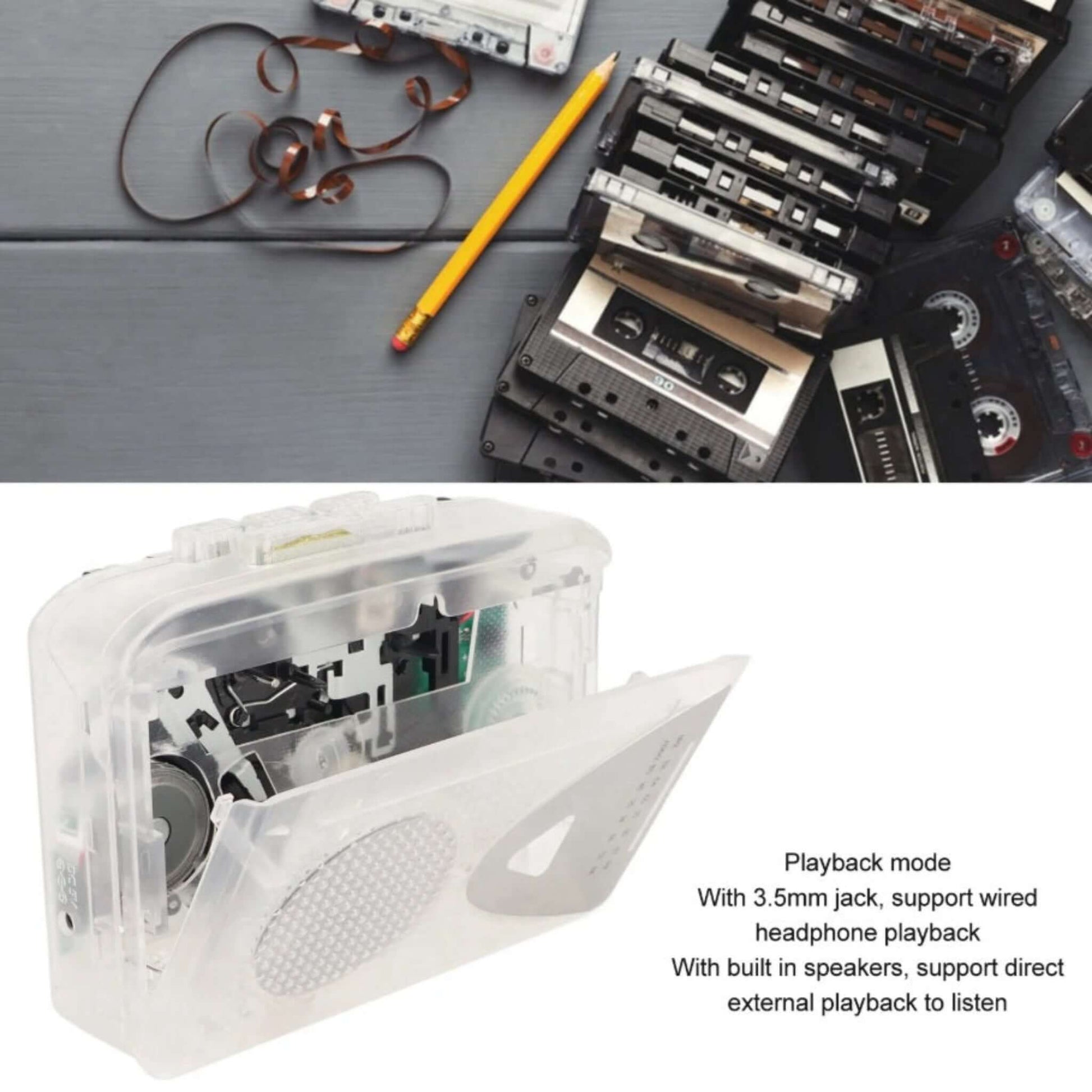Portable cassette player with 3.5mm jack for wired headphones & built-in speaker for direct playback.