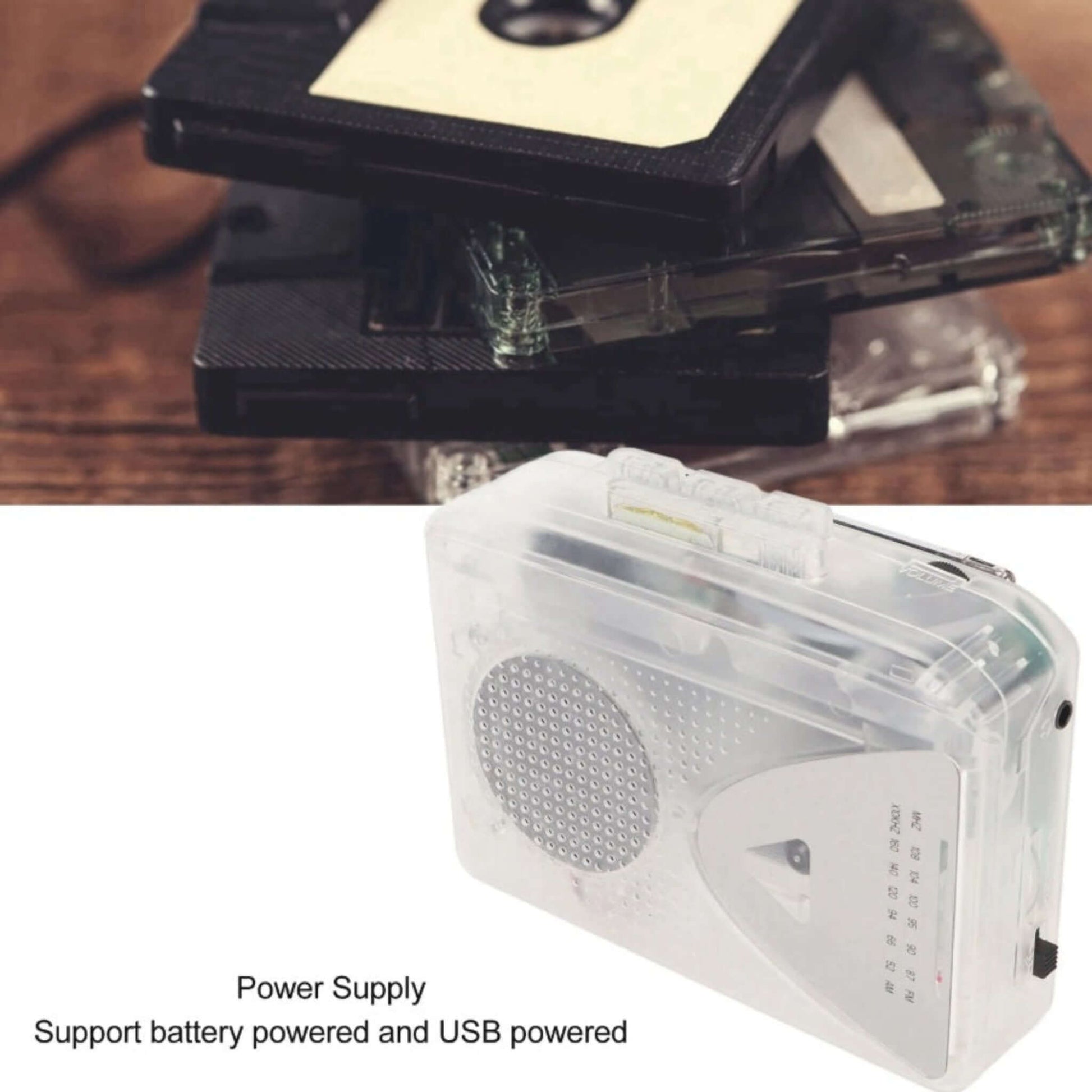 Portable cassette player powered by battery or USB, with tape deck visible; for home & travel.