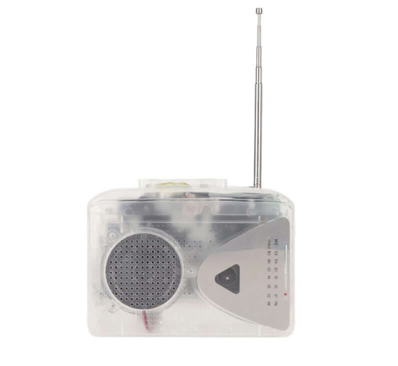 Portable cassette player with extended antenna for FM/AM radio reception, clear case design.