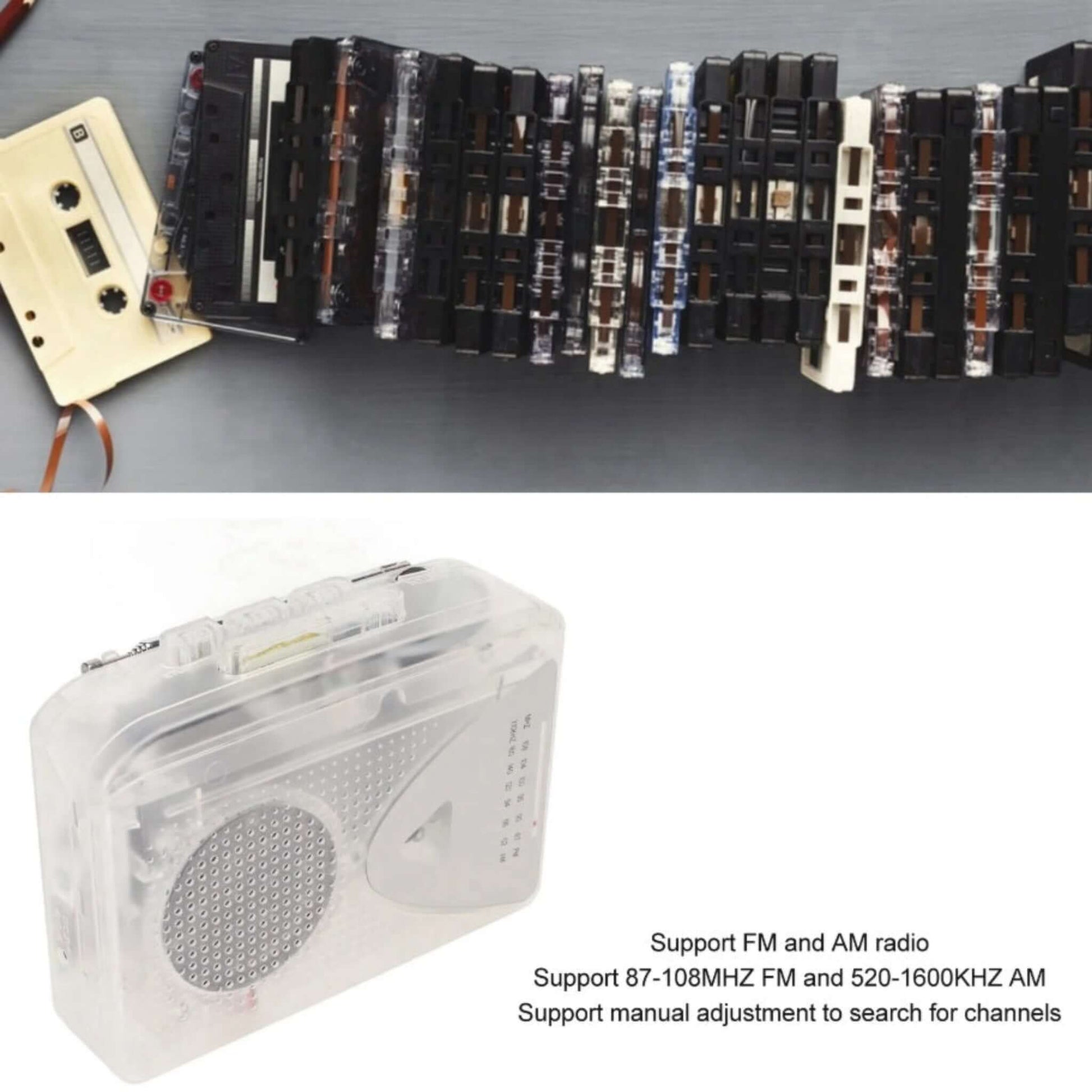 Portable cassette player with FM (87-108MHz) and AM (520-1600KHz) radio, manual tuning, among audio cassettes.