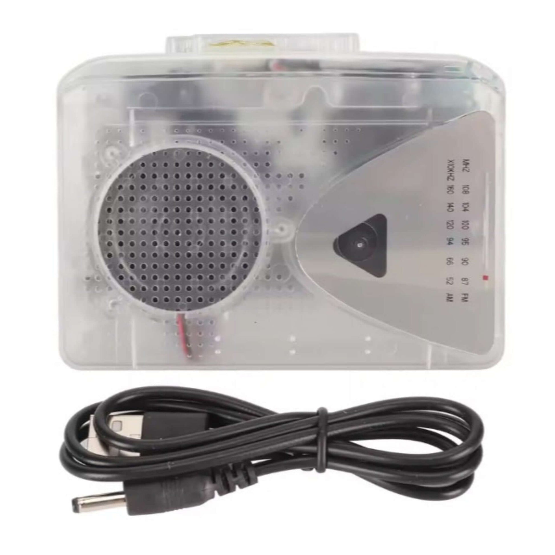 Portable cassette player with FM/AM radio, speaker, and USB cable, transparent case for modern retro appeal.