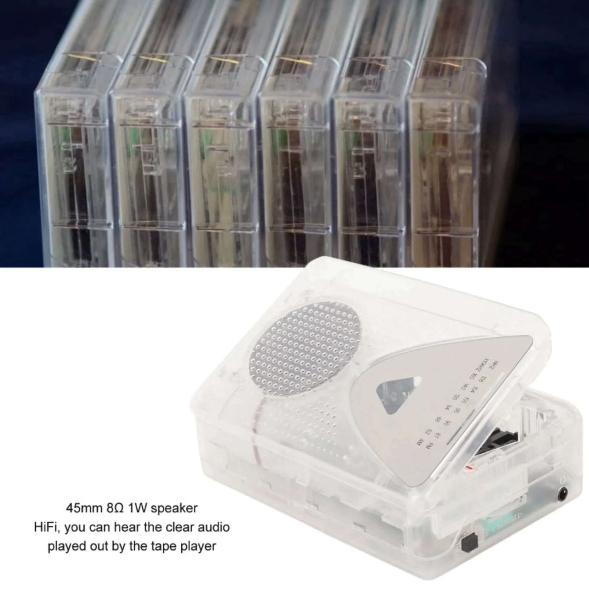Portable cassette player with 45mm 8Ω 1W HiFi speaker for clear audio playback, transparent case.