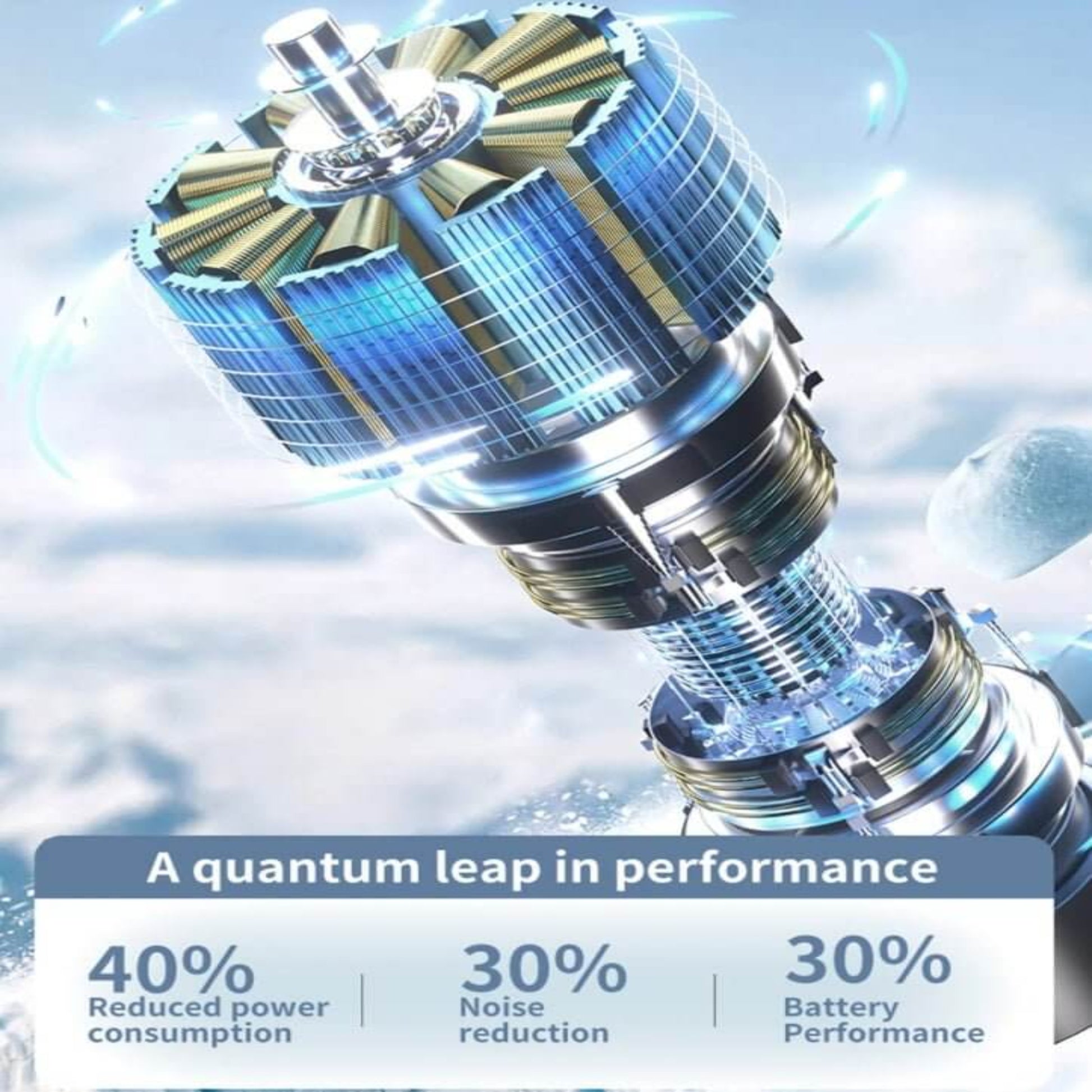 Illustration showcasing a high-performance device with stats: 40% power reduction, 30% noise reduction, and 30% battery efficiency.