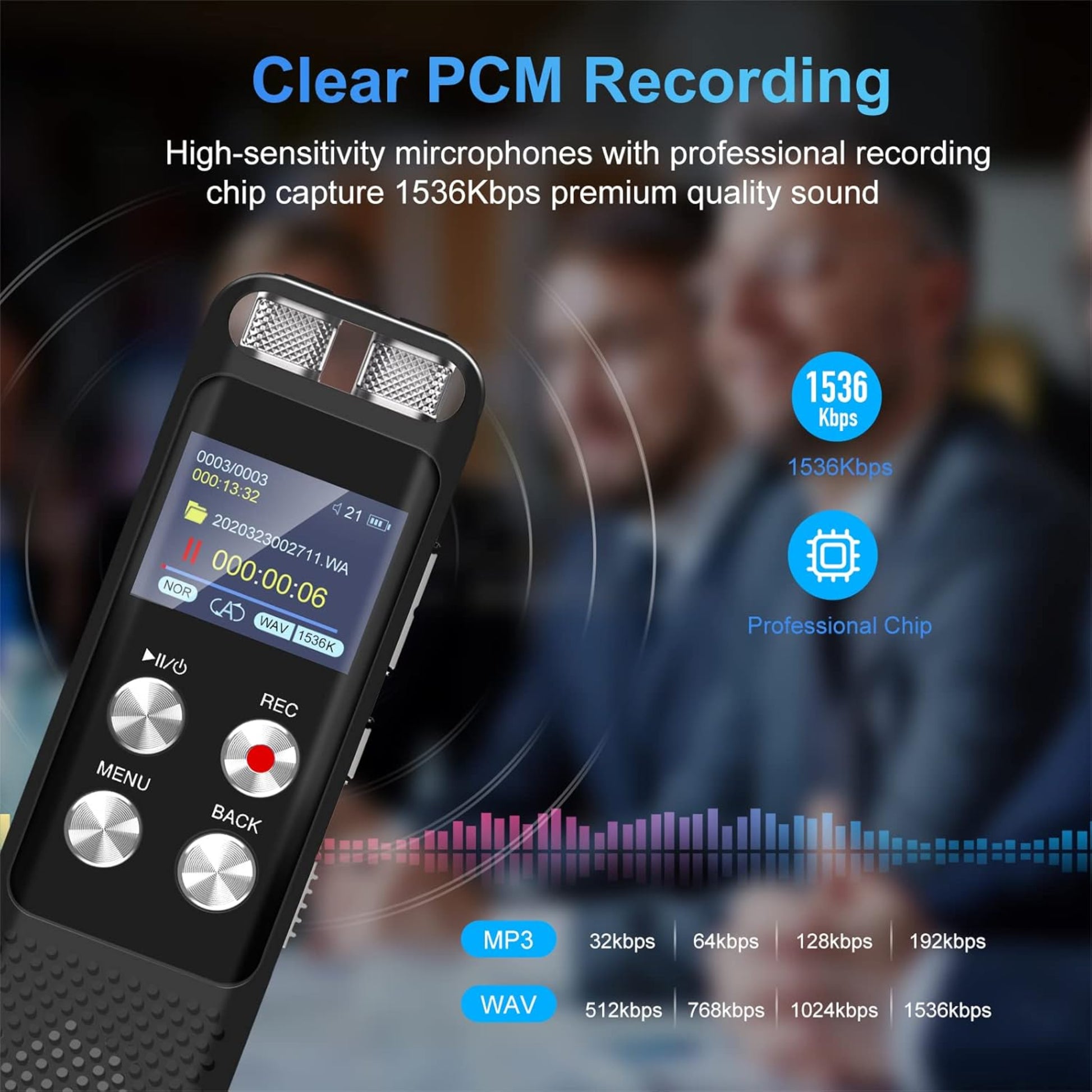 8GB digital voice recorder displaying PCM recording quality with high-sensitivity microphones and clear sound features.