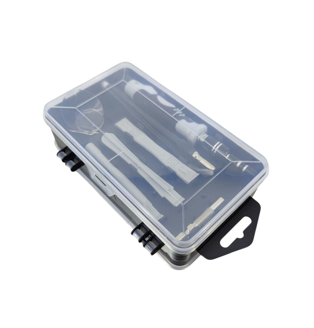 Side view of the portable electronics repair kit in its case, featuring a convenient carrying handle.