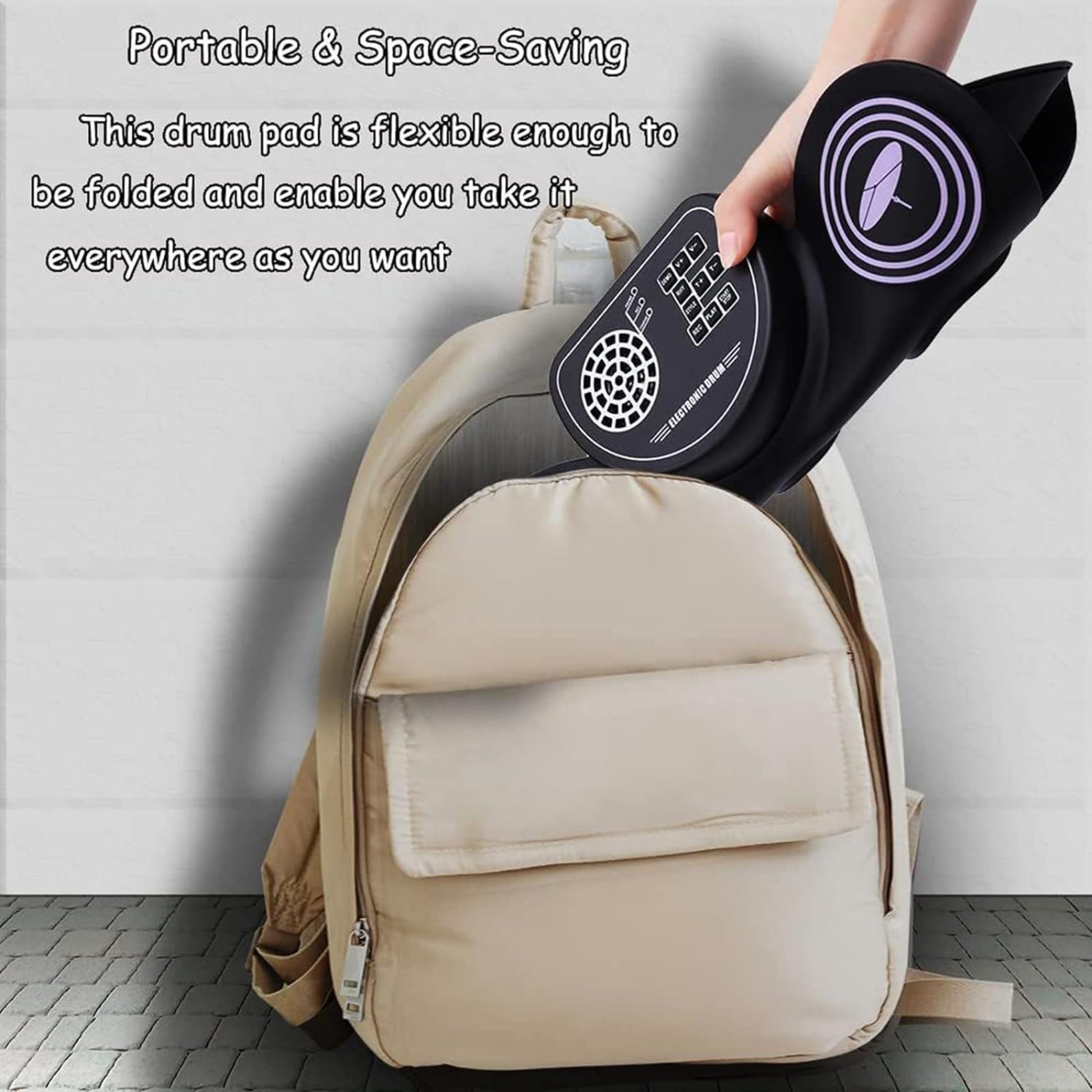 Portable 9-pad roll-up electronic drum set being stored in a backpack, showcasing its flexibility and space-saving design.