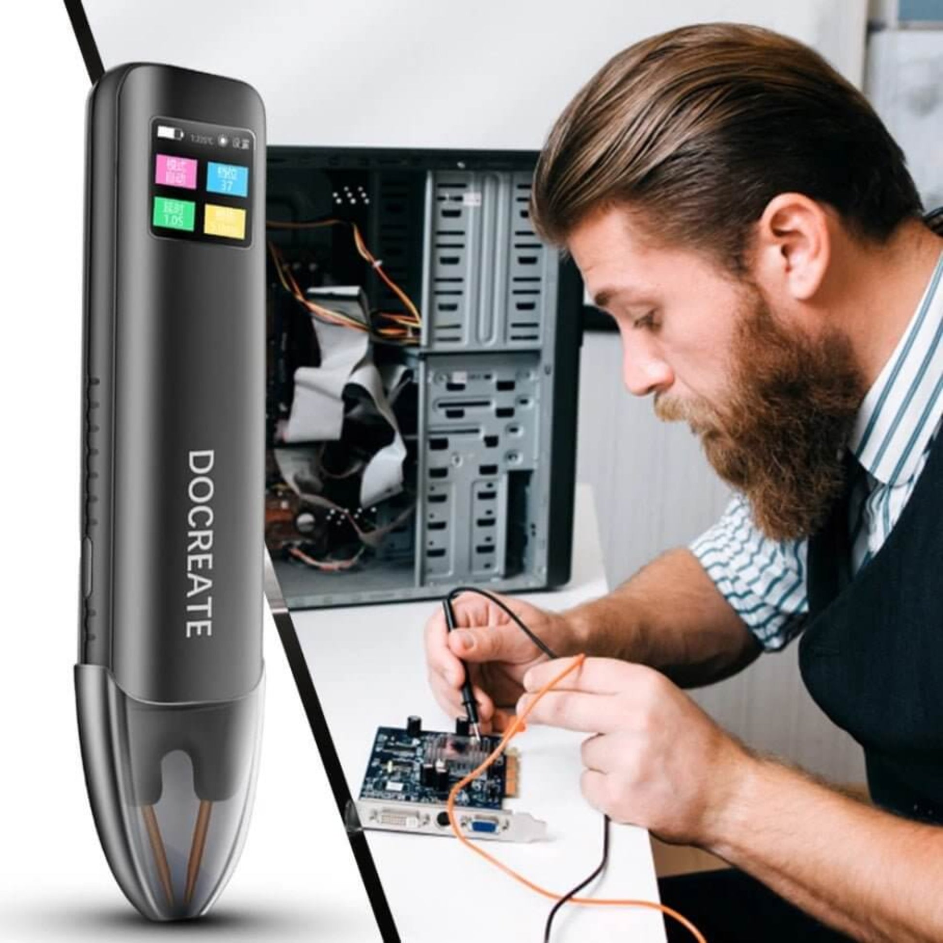 DO CREATE Portable Handheld Spot Welder used for battery repairs and DIY projects with a user working on a circuit board.