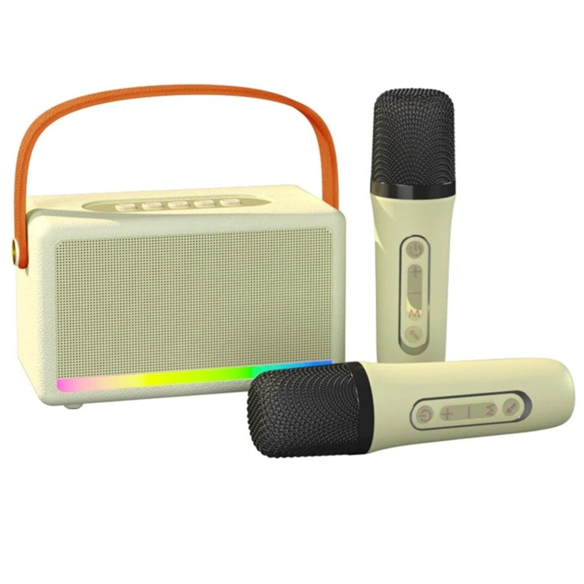 Portable karaoke machine in cream white with a carrying handle and two wireless microphones.