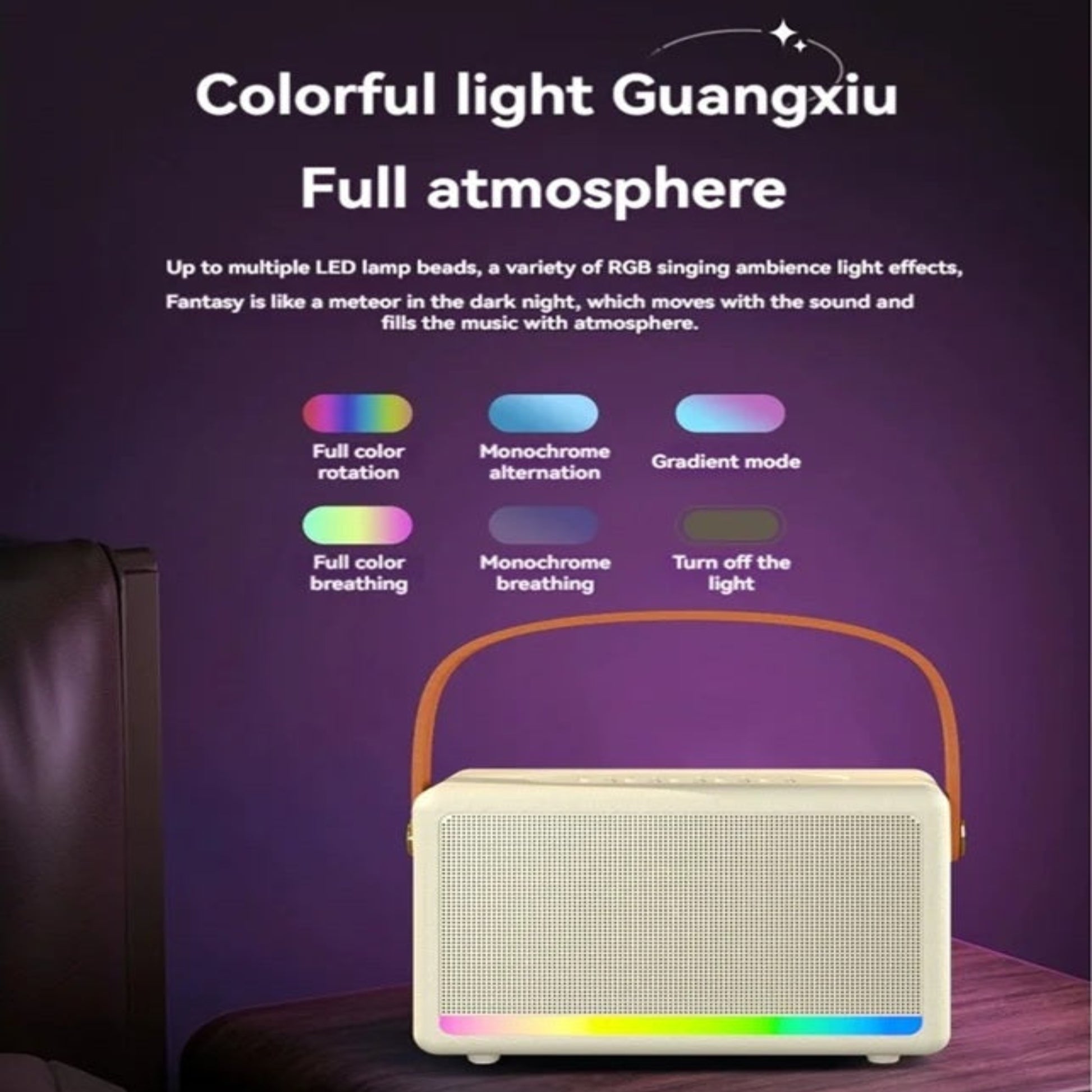 Karaoke speaker with vibrant, sound-activated RGB lighting modes including full color rotation, breathing, and gradient effects.
